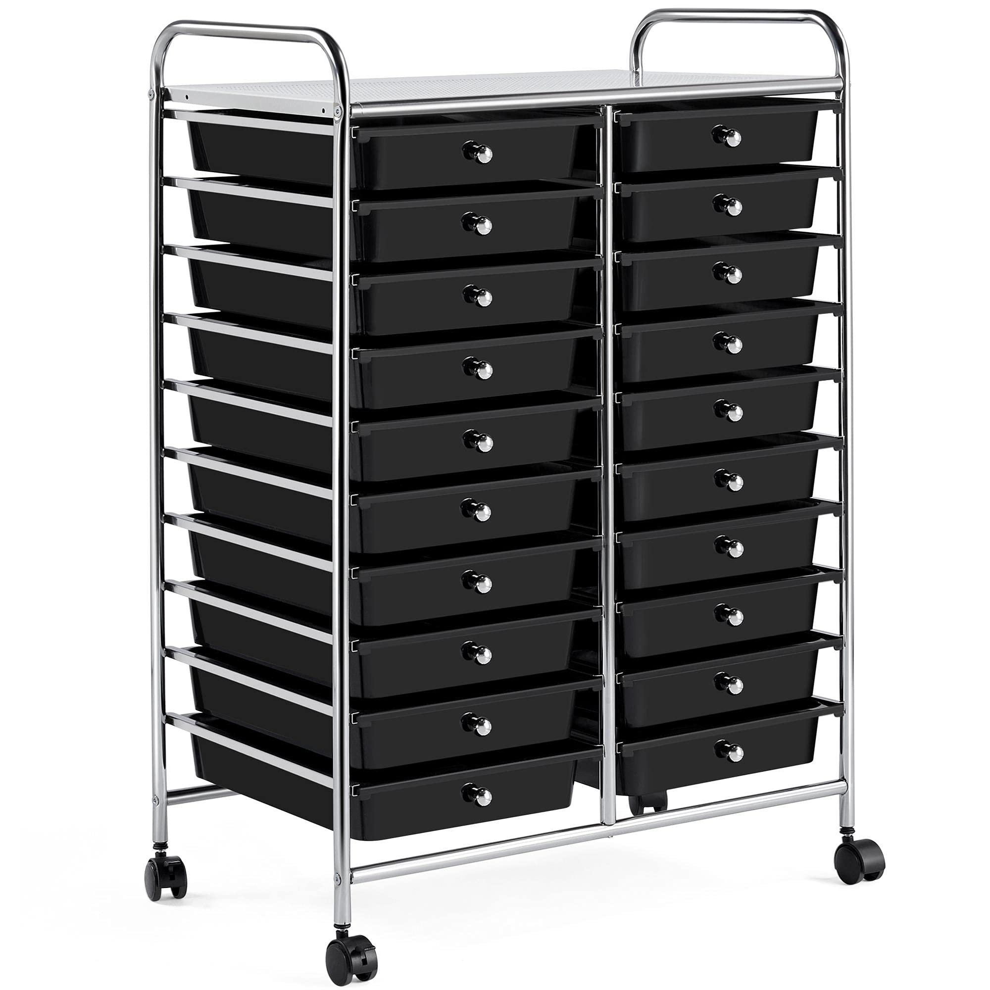 Topeakmart 20-Drawer Rolling Utility Cart - Plastic Storage Organizer with 360° Swivel Casters for Craft Room, Garage & Office - Black Mobile Craft Trolley