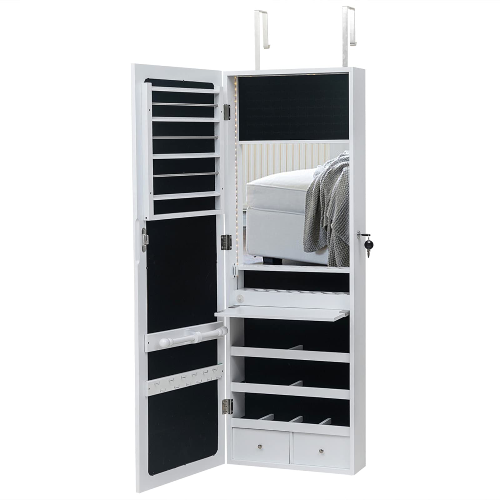 Large Capacity Wooden Wall-Mounted 3-Tier Shelf with 2 Drawers & 95 LED Lights - 17 Cosmetic Brush Holders, Non-Full Mirror Design - Perfect for White Living Room & Bedroom Decor, Vanity Organization & Makeup Storage