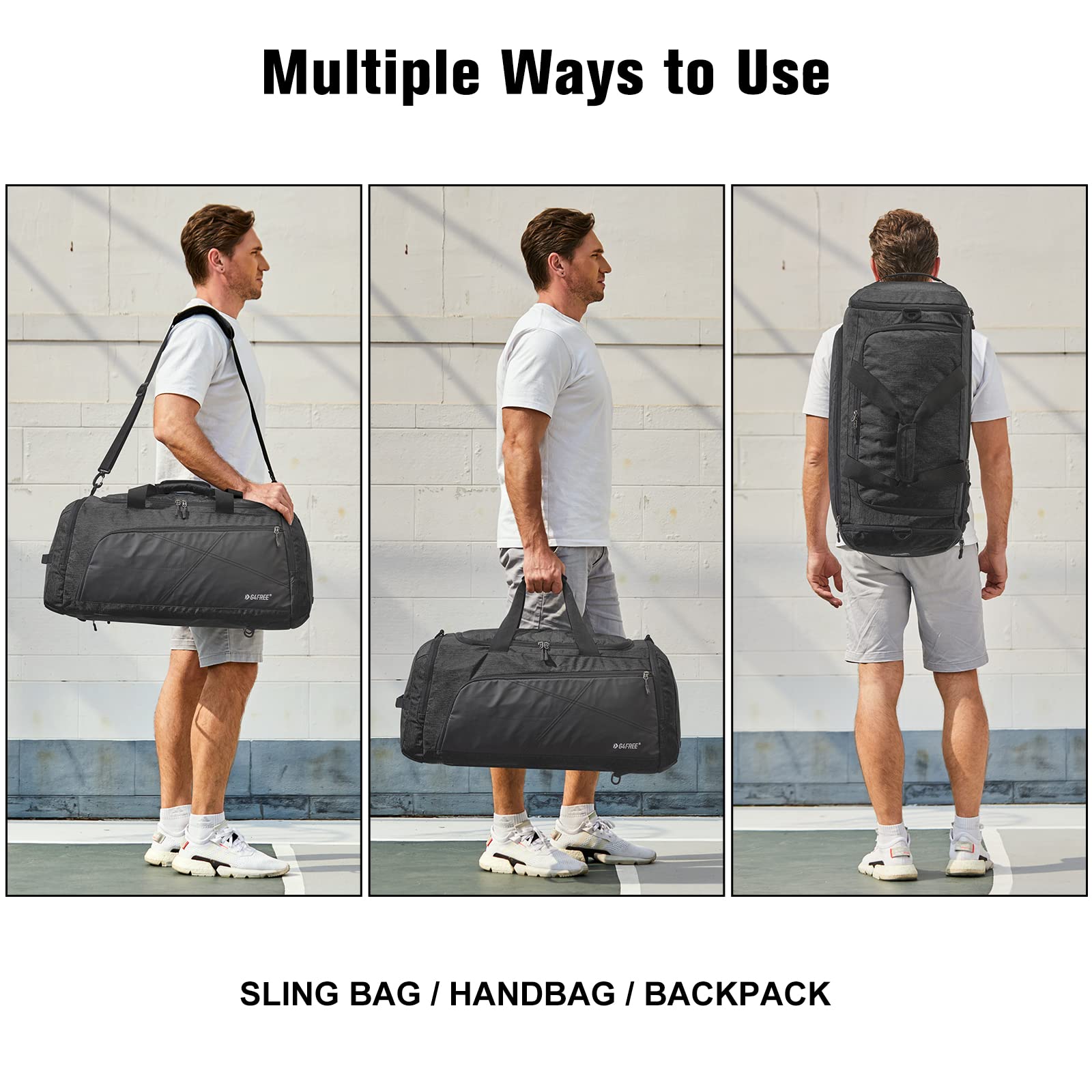 G4Free 60L 3-Way Duffle Backpack - Lightweight Gym Bag with Wet Pocket & Shoe Compartment for Men & Women - Perfect for Sports, Travel, Gym & Weekend Getaways