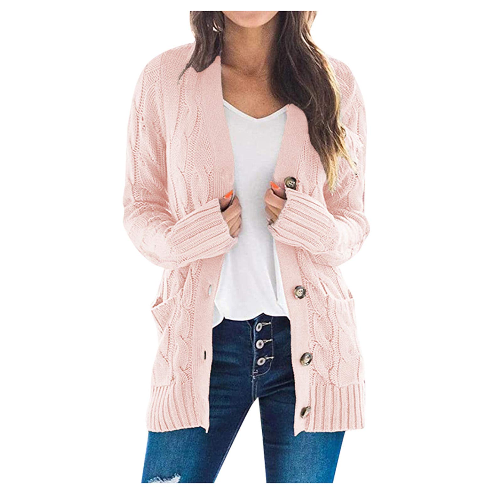 Women's Open Front Long Sleeve Cardigan Sweater with Patchwork Pockets - Boho Knit Coat for Casual Wear, Office, and Fall Layering
