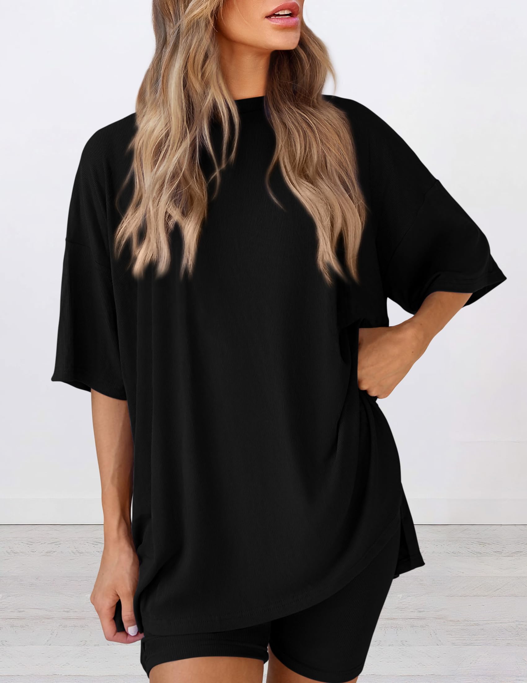 PRETTYGARDEN Women's 2-Piece Lounge Set - Oversized Shirt & Biker Shorts Comfy Matching Outfit for Summer 2025 | Casual Wear, Travel & Airport Outfit