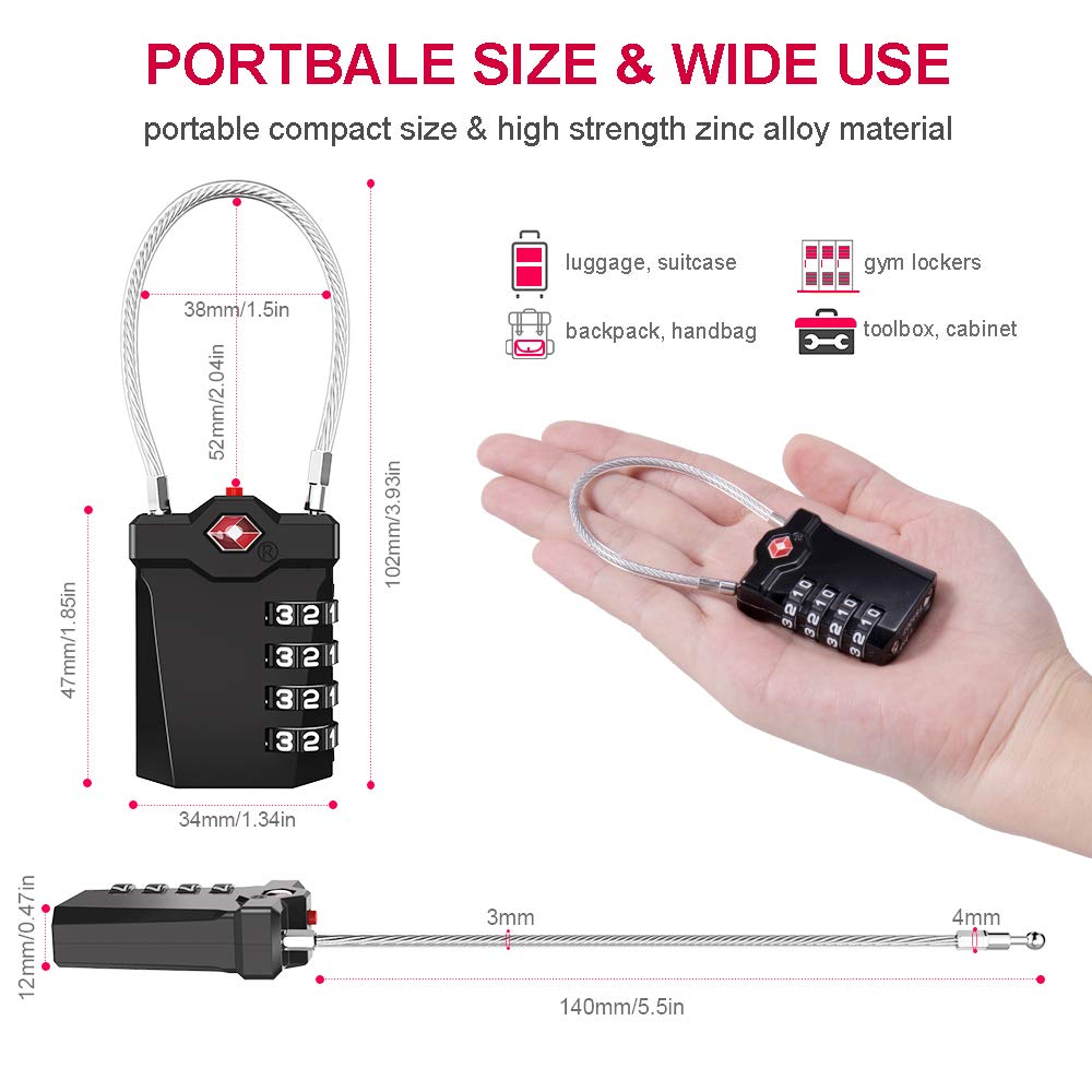 TSA Approved 4-Digit Combination Luggage Locks - Flexible Cable Travel Lock with White Numbers for Suitcases, Gym & School Lockers (Silver) | Secure Your Bags During Air Travel, Gym Sessions & Campus Life