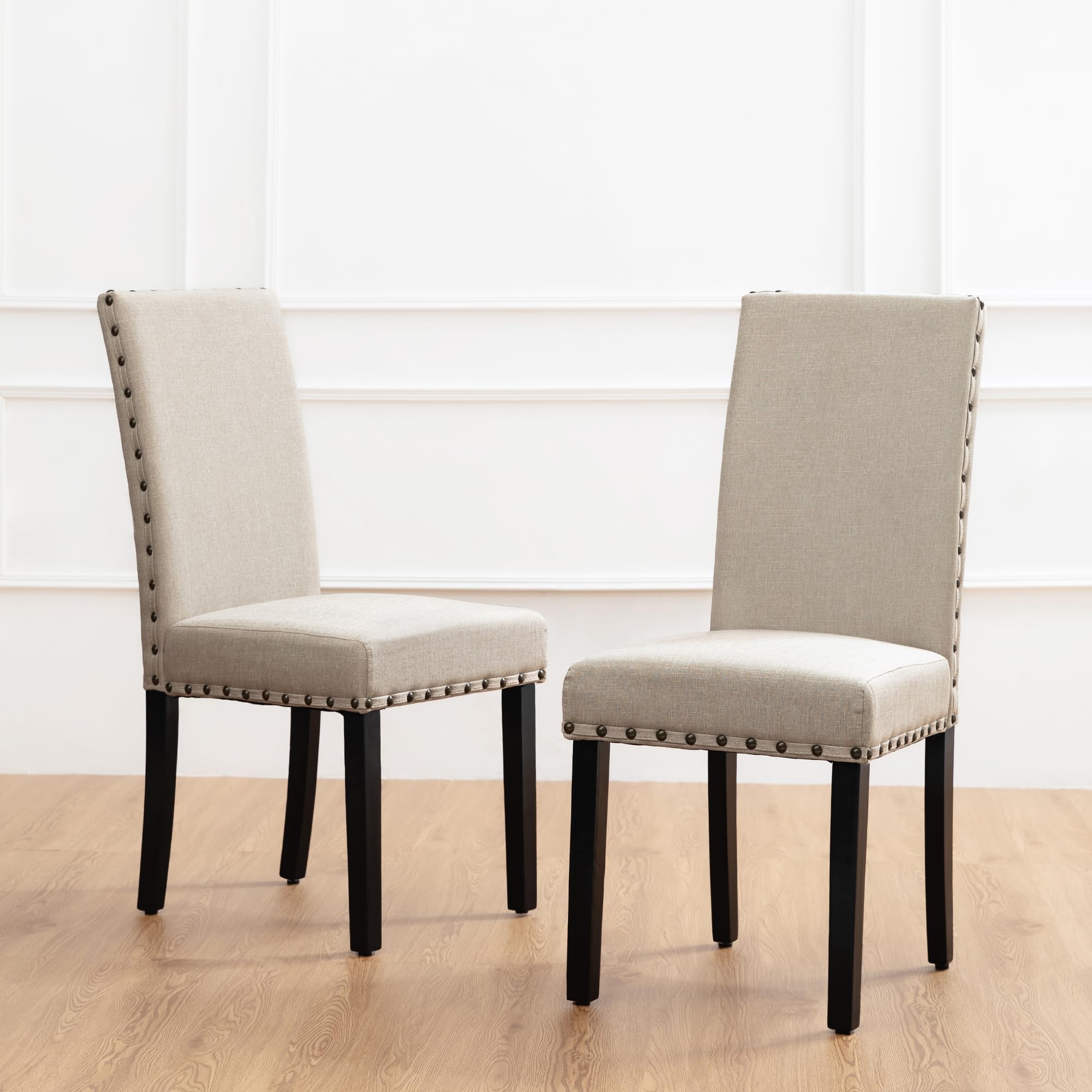 Glitzhome Set of 2 Upholstered Fabric Dining Chairs with Rubber Wood Legs, Beige - Modern Kitchen & Dining Room Furniture for Home Decor