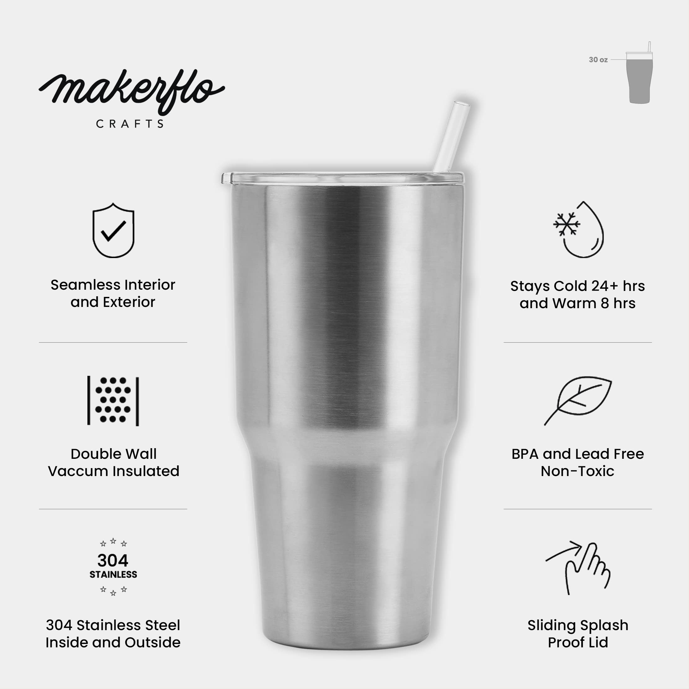Makerflo Silver 30 oz Curve Stainless Steel Tumbler with Lid & Straw - Bulk Pack of 25 - DIY Customizable for Epoxy, UV DTF, Vinyl & Laser Engraving - Perfect for Gifts, Promotions & Personalized Drinkware (Not for Sublimation)