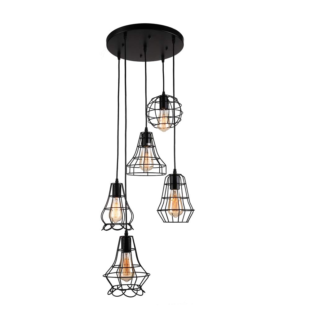 Vintage Industrial Cage Hanging Lighting Fixture - Rustic Barn Metal Chandelier with 5 Cage Lights, Black Finish, Max 200W - Perfect for Farmhouse, Loft, and Industrial Style Home Decor