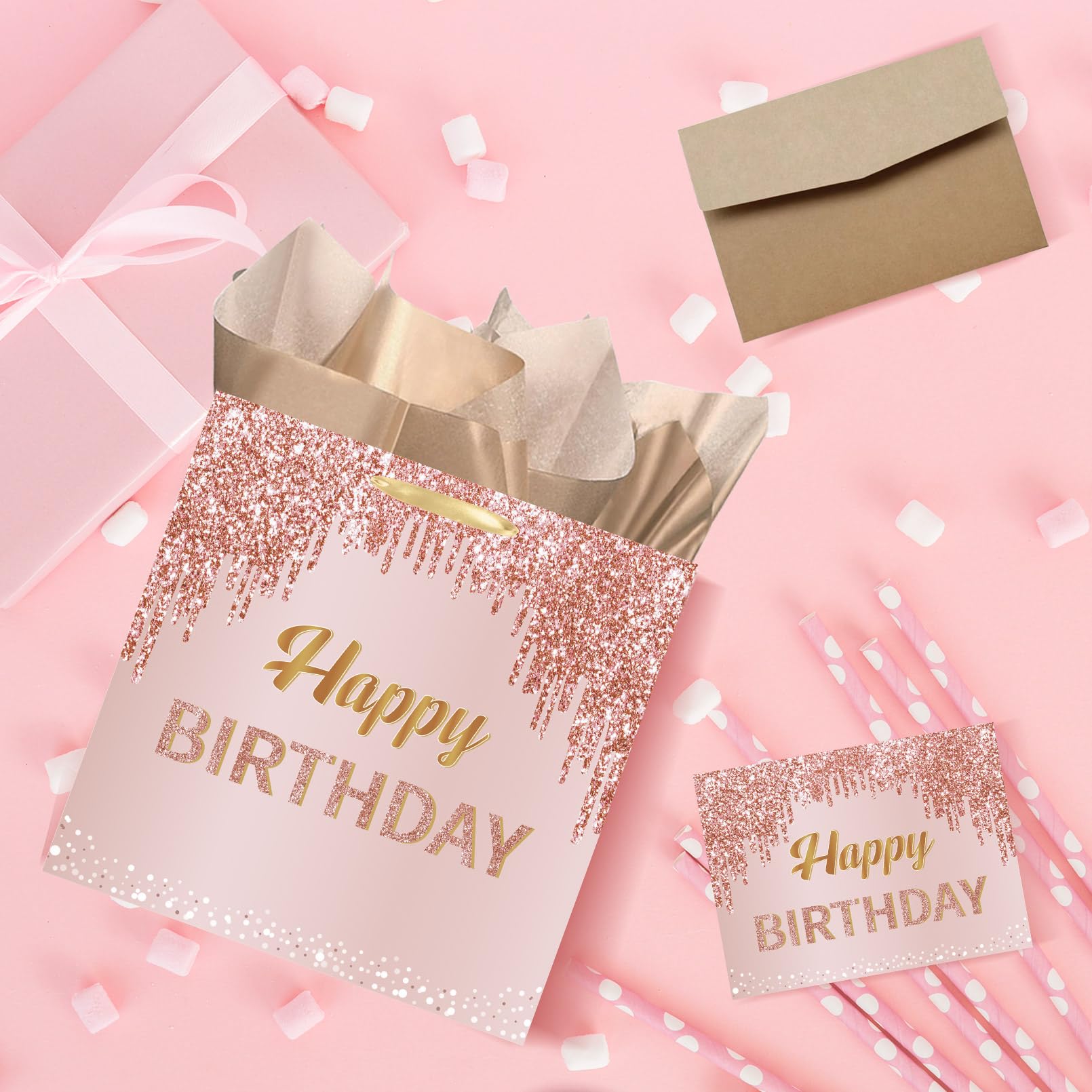GOLDCROW 7 Inch Rose Gold Birthday Gift Bags with Tissue Paper & Card - Small Square Pink Party Favor Bags for Birthday Presents, Baby Showers, Bridal Showers & Special Occasions
