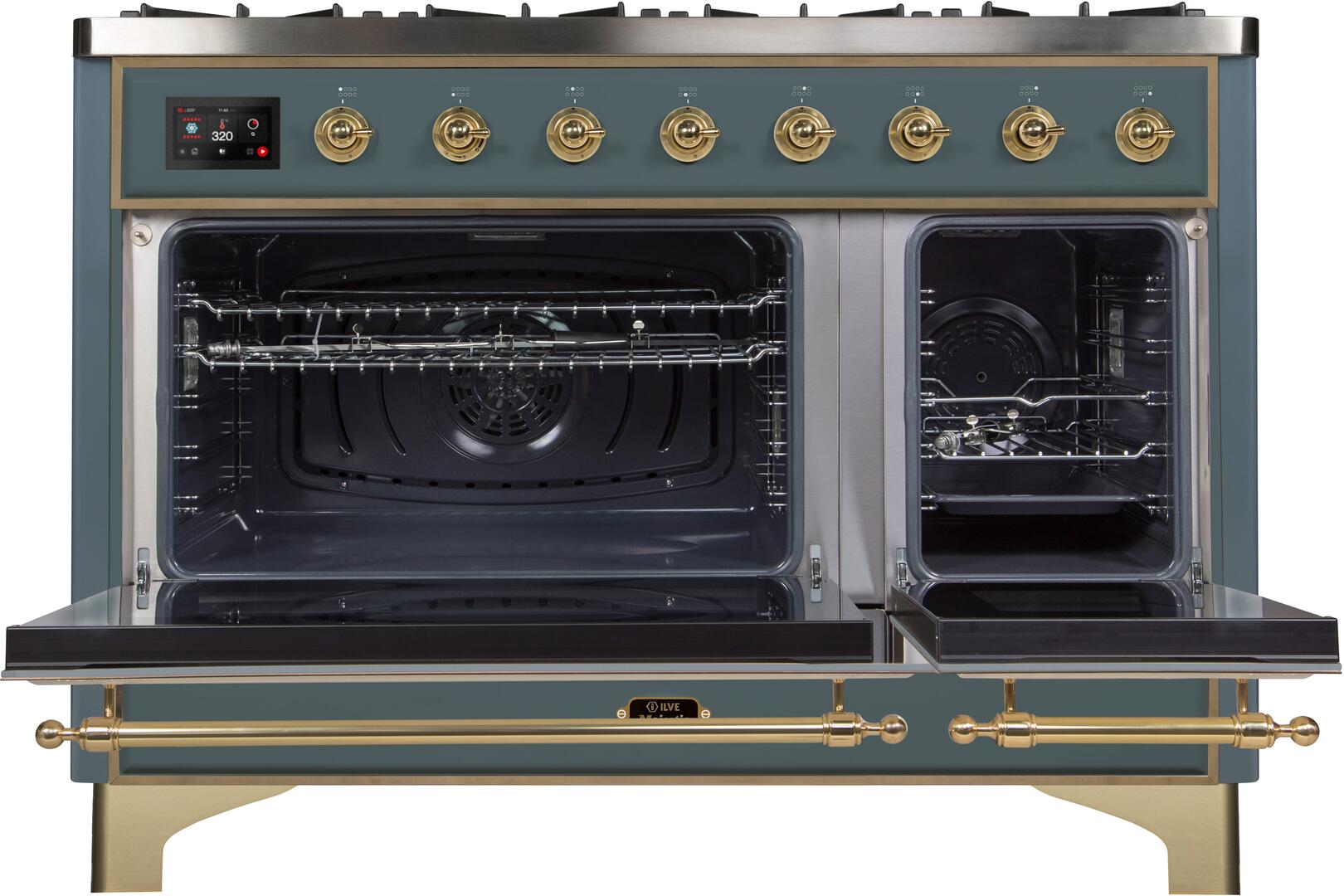 ILVE Majestic II 48-Inch Dual Fuel Natural Gas Freestanding Range - Blue Grey with Brass Trim (Model UM12FDNS3BGG) | Professional Kitchen Appliance for Home Chefs & Culinary Enthusiasts