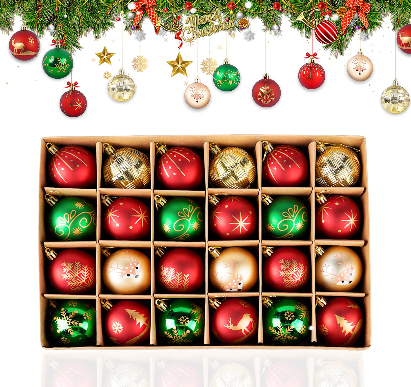 24 Pcs Shatterproof Christmas Ornament Balls - Red Green Gold 2.36