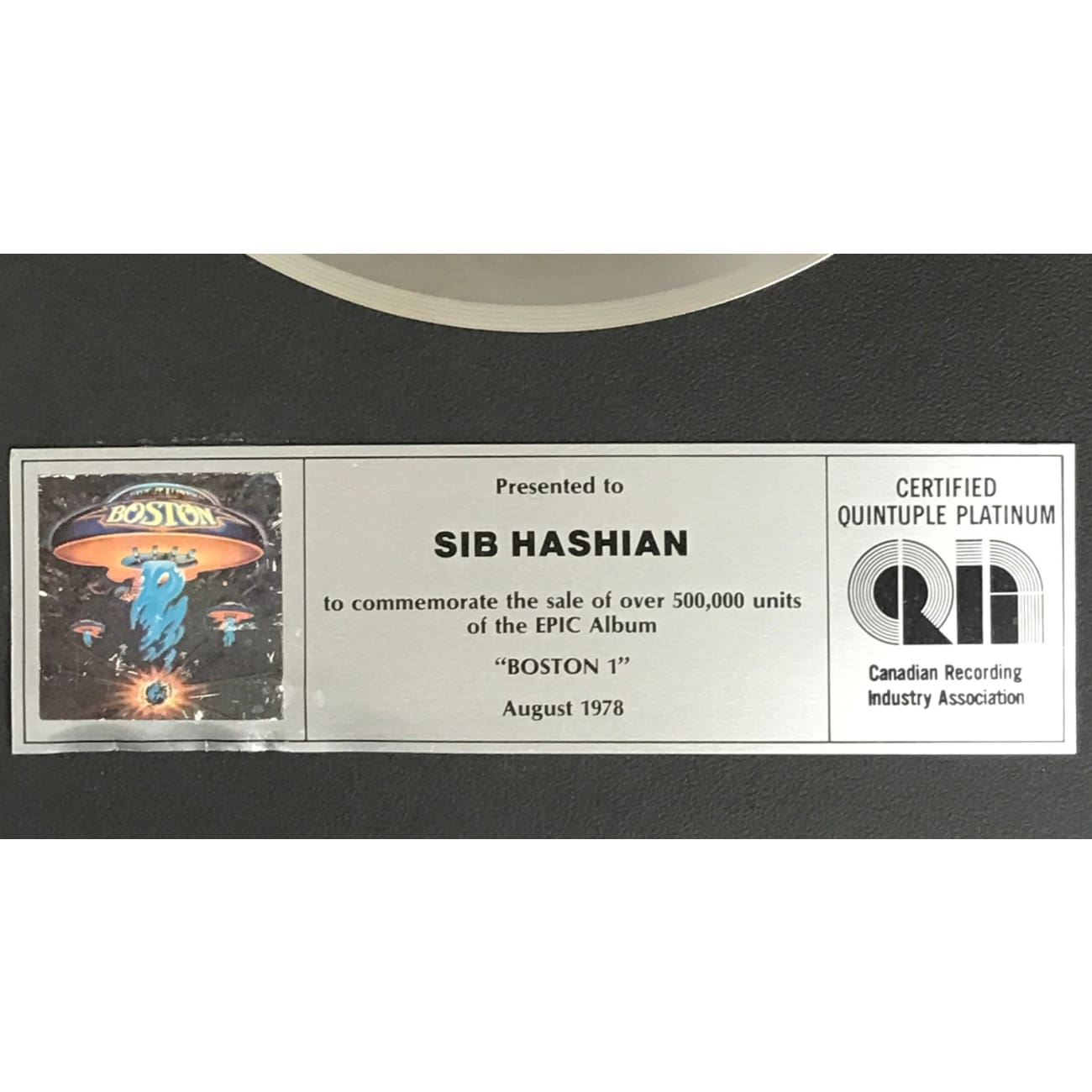 Rare Boston Debut CRIA 5x Platinum Album Award Presented to Drummer Sib Hashian - Perfect for Music Memorabilia Collectors & Rock History Displays