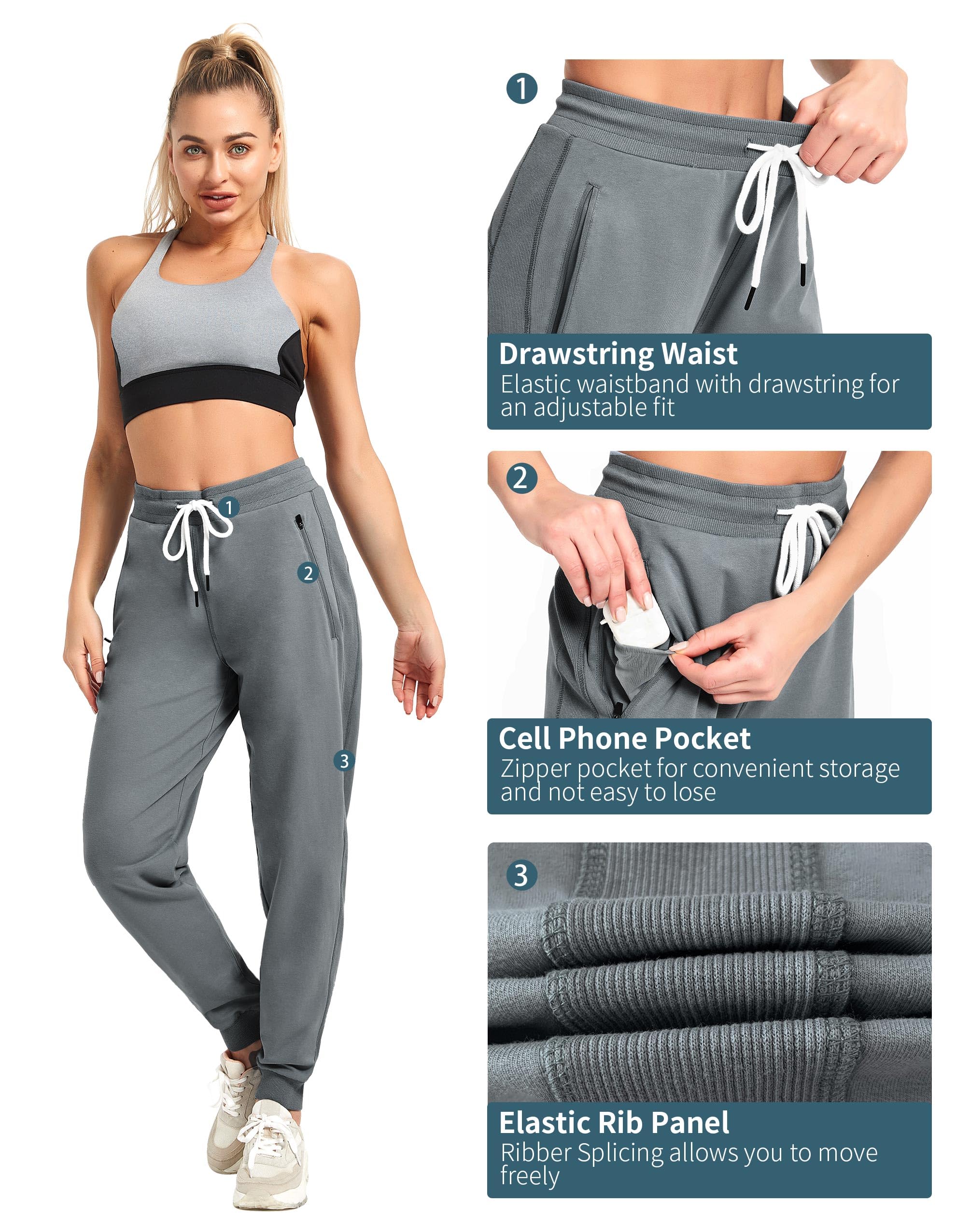 PULI Women's High Waisted Workout Sweatpants - Cotton Joggers with Ribbed Splicing & Zipper Pockets for Yoga, Running, Gym & Lounge Wear