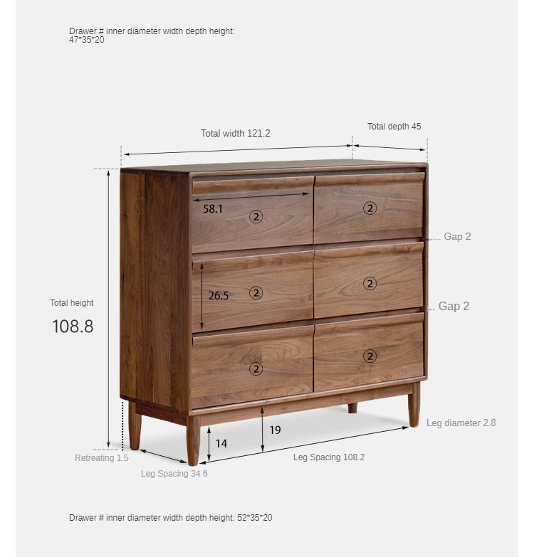 Solid Black Walnut Wood Dresser - 6-Drawer Bedroom Storage Furniture for Master Bedroom, Guest Room & Nursery Organization