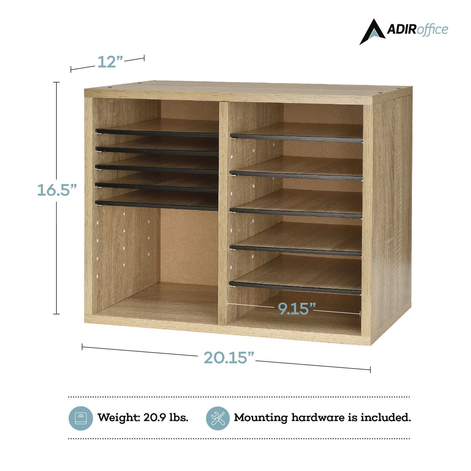 AdirOffice Wooden Adjustable 12-Section Letter Size Literature Organizer - Medium Oak (20