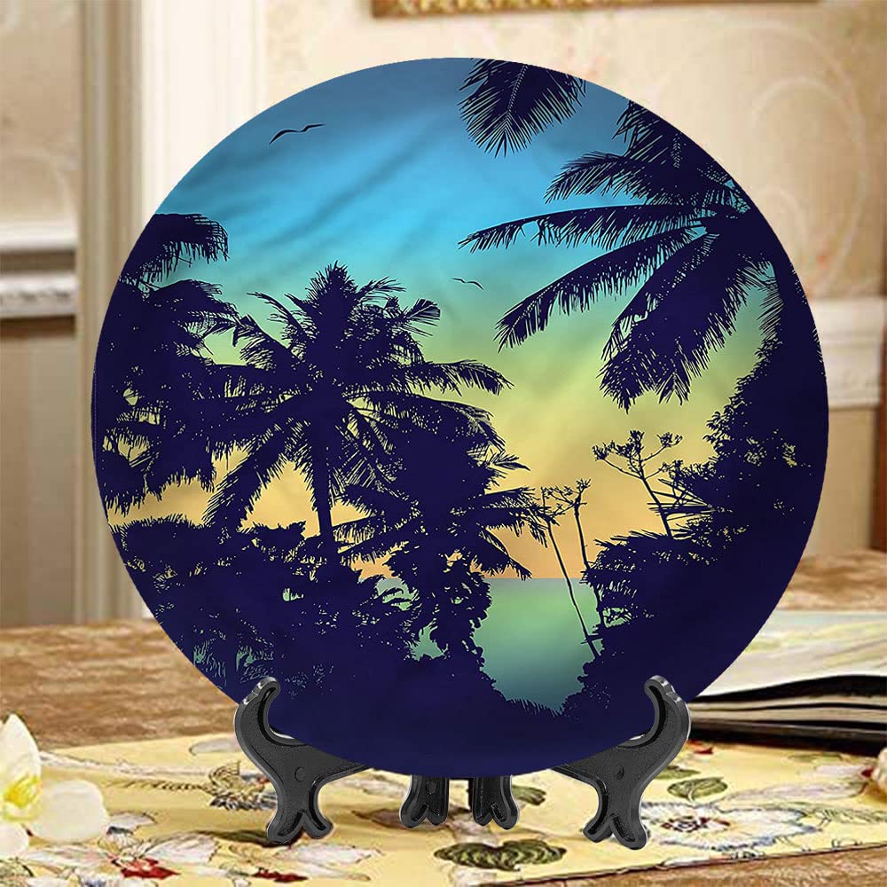 XISUNYA 6 Inch Tropical Sunset Palm Tree Ceramic Decorative Plate - Round Porcelain Dinnerware for Dining, Parties, Wedding Decor - Perfect for Beach Themed Events, Home Decor & Gift Giving