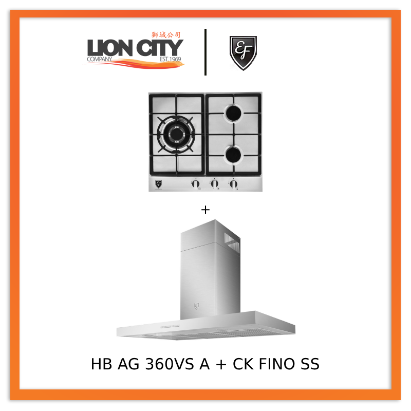 EF 90cm Stainless Steel Chimney Hood CK Fino with EF HB AG 360VS 58cm Built-in Hob - Modern Kitchen Ventilation for Cooking & Grilling