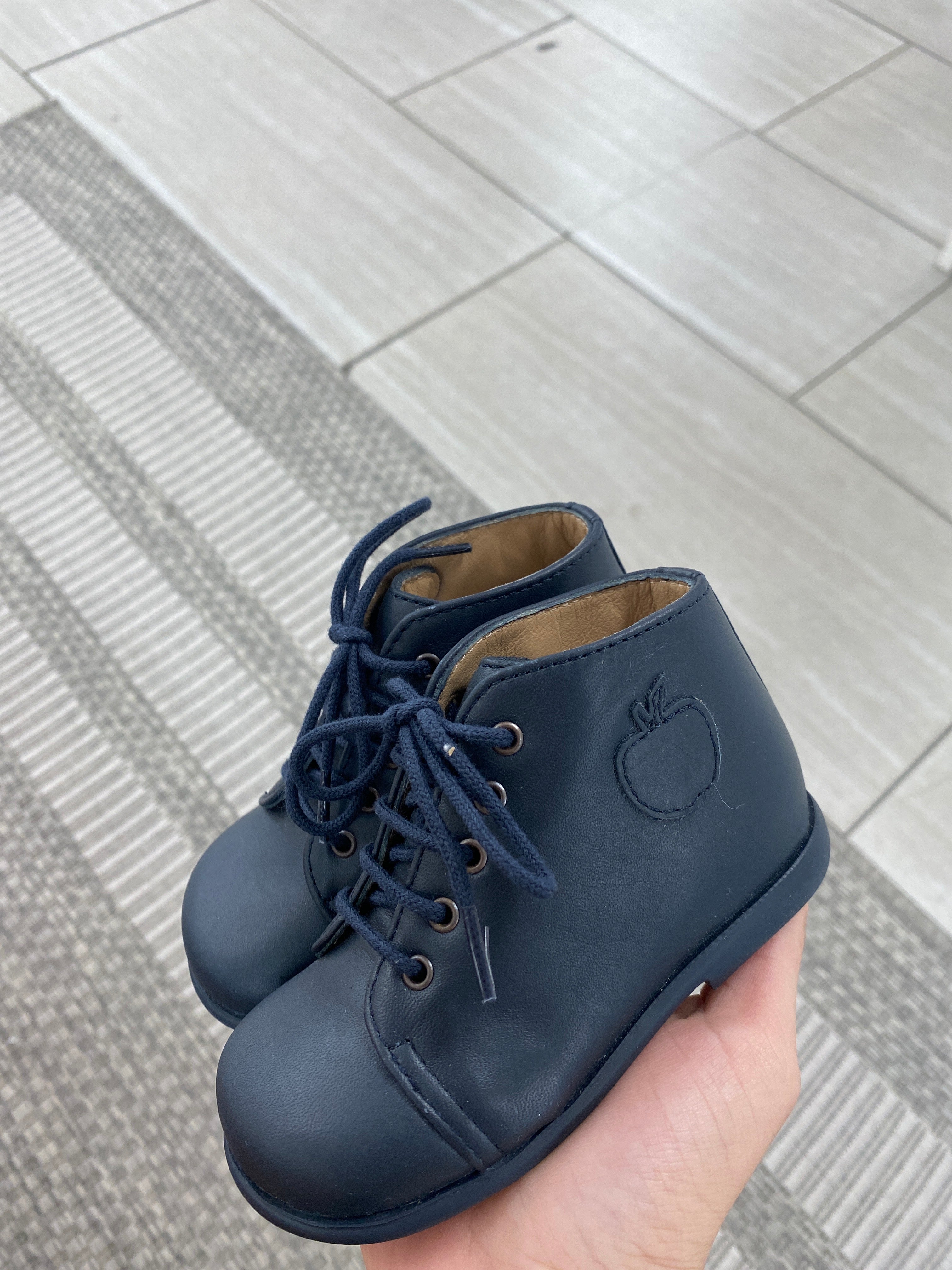 Pom D'Api Navy Blue Lace Baby Booties - Soft Leather First Walkers for Newborns & Infants - Perfect for Special Occasions & Photo Shoots