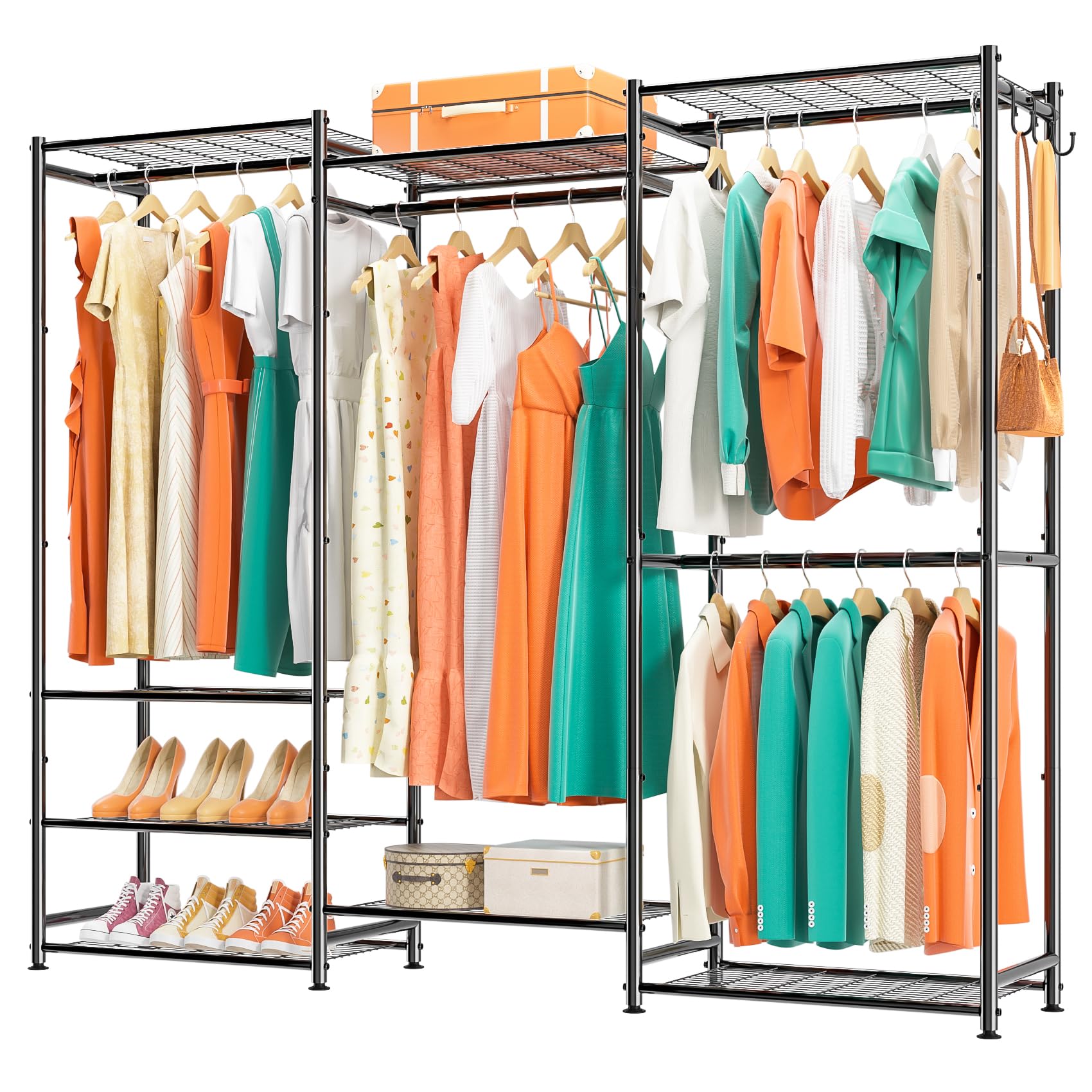 Heavy Duty Portable Wardrobe Closet Organizer - 4 Hanging Rods & 8 Shelves Metal Garment Rack for Clothes Storage, Max Load 890 lbs - Perfect for Bedroom, Closet Organization, Dorm Room & Temporary Clothing Storage