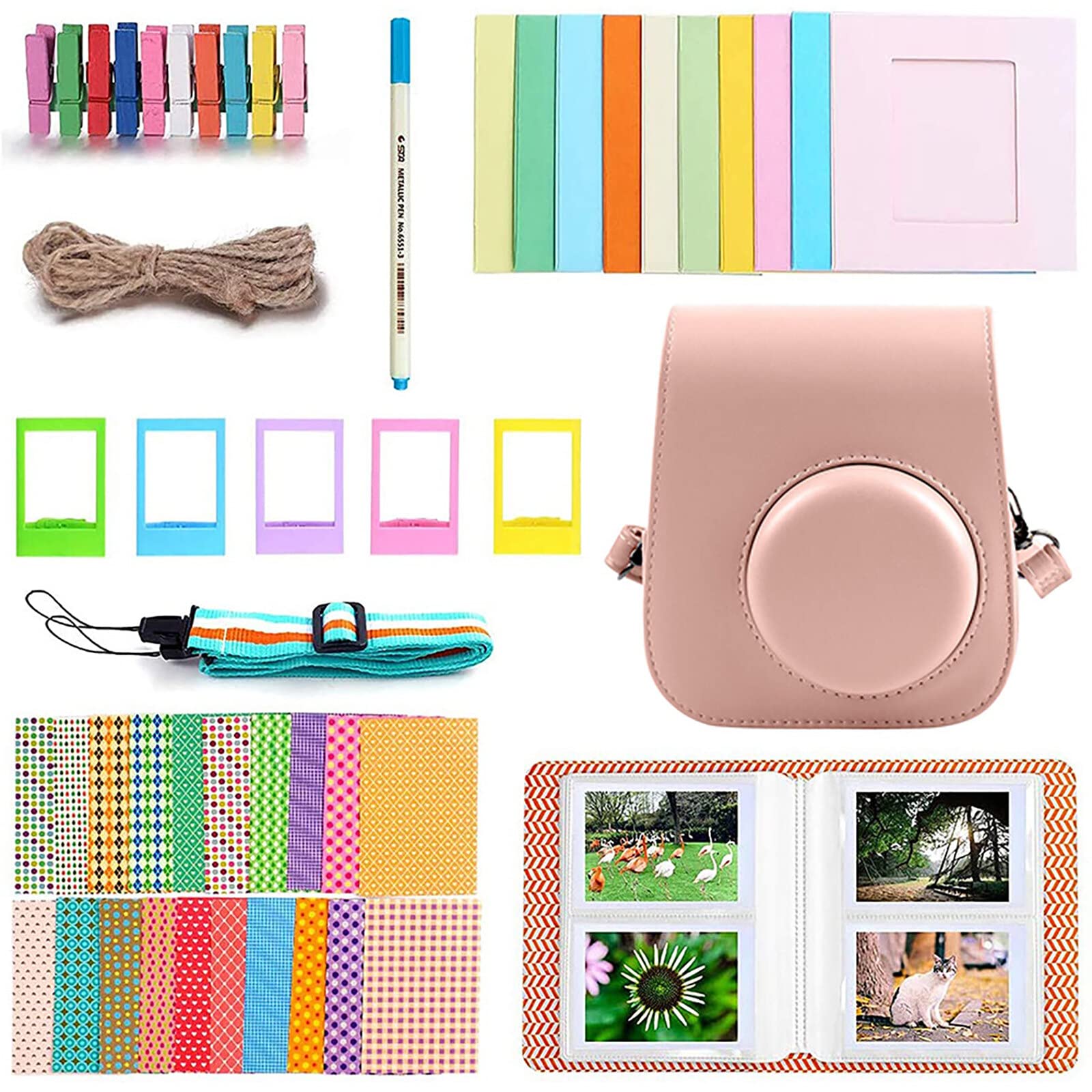 Instant Camera Case Compatible with Fujifilm Instax Mini 11 - PU Leather Protective Bag with Storage Pocket & Adjustable Strap - Includes Photo Album, Wall Frames, Film Frames & Decorative Stickers - Perfect for Travel, Parties & Home Decor
