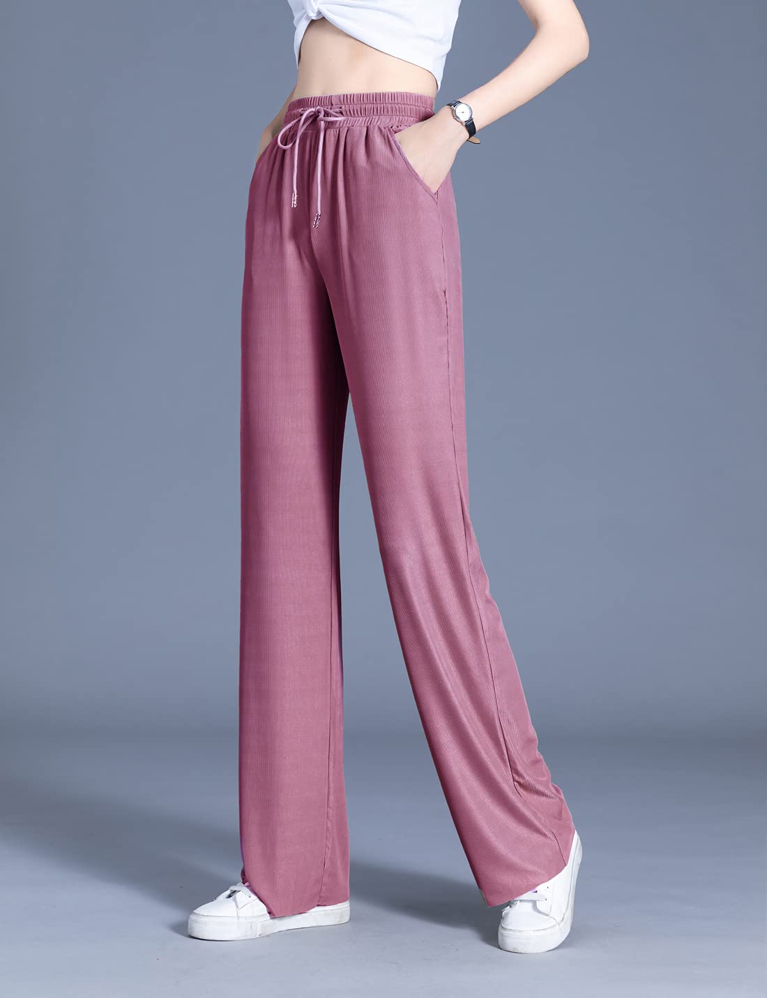 Snoly Women's High Waist Wide Leg Summer Casual Pants - Ice Silk Sweatpants for Women, Full Length Comfortable Lounge Pants for Yoga, Travel & Everyday Wear