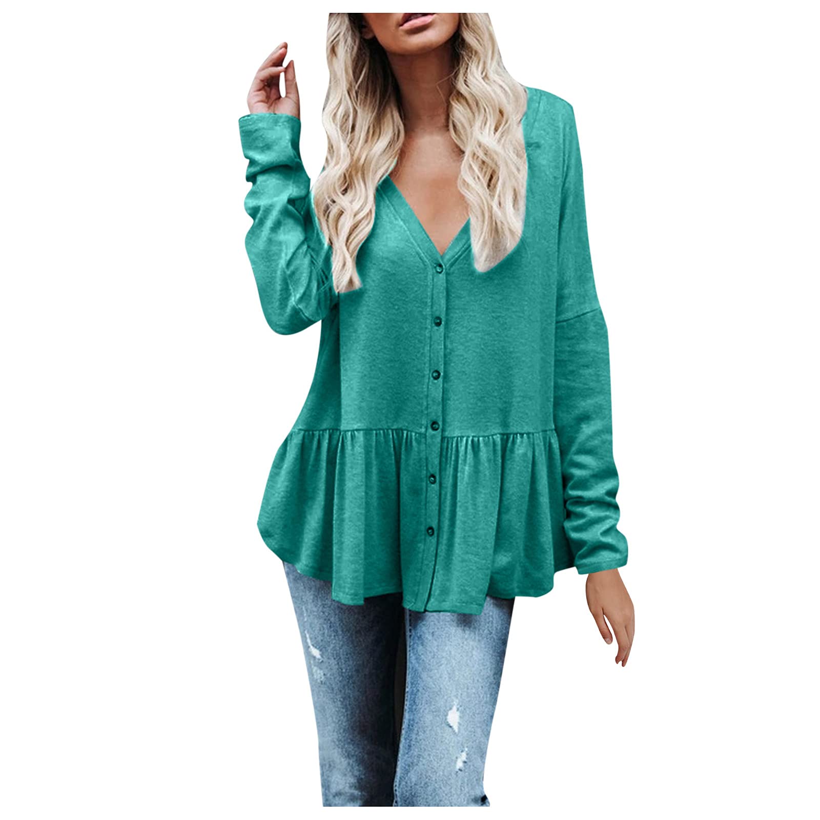 PLENTOP Women's Long Sleeve V-Neck Button Up Blouse - Ruffle Babydoll Tunic Top with Waffle Peplum for Casual Wear, Office & Date Night Outfits