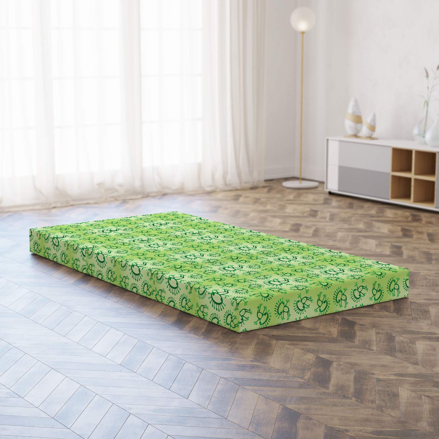Ambesonne Green Foldable Mattress - Doodle Style Alien Frogs Design, 74.8