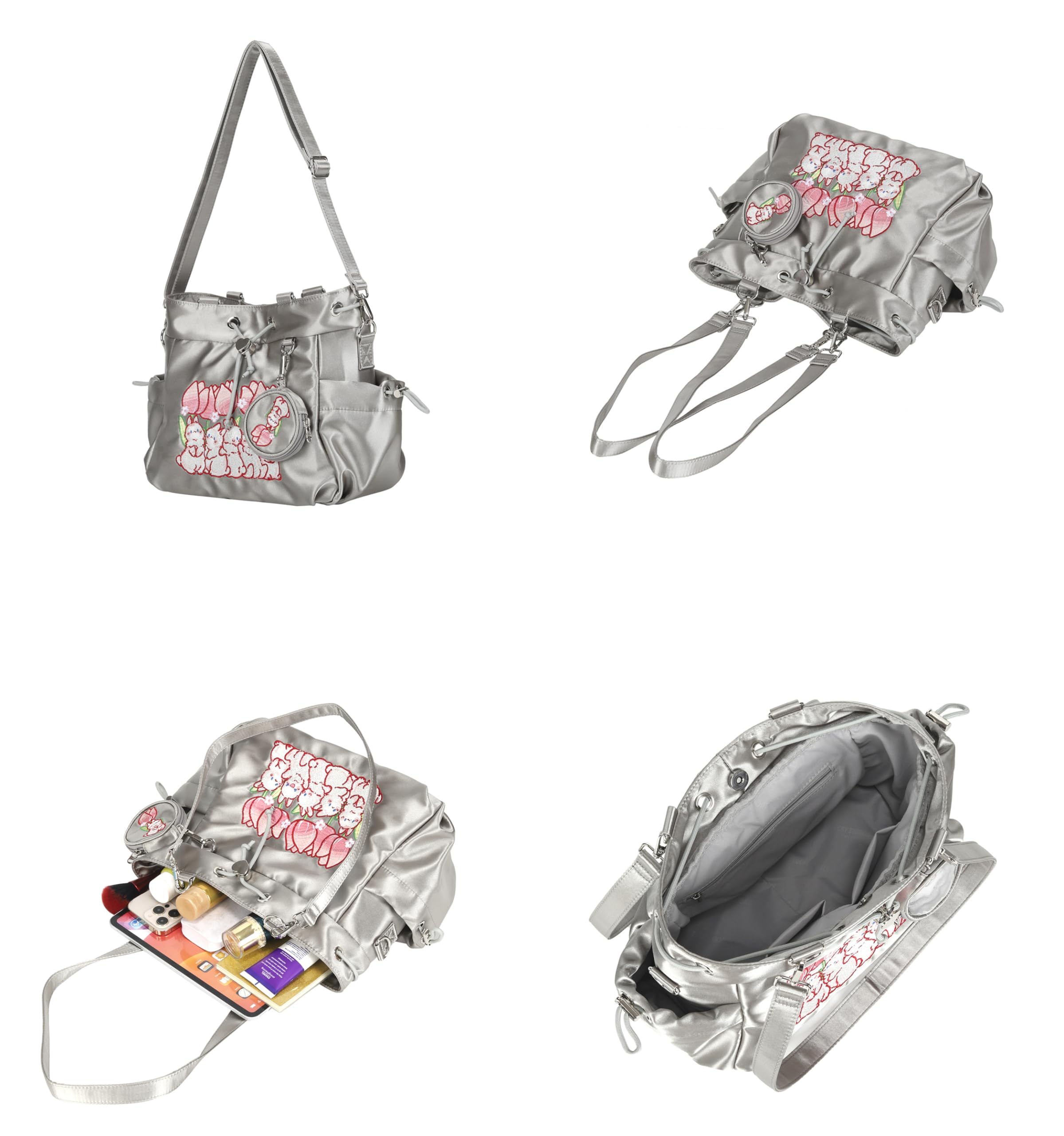 Women's Satin Hobo Handbag with Bunny Embroidery - Elegant Tote Shoulder Bag & Crossbody Purse for Casual Outings, Work, and Date Nights