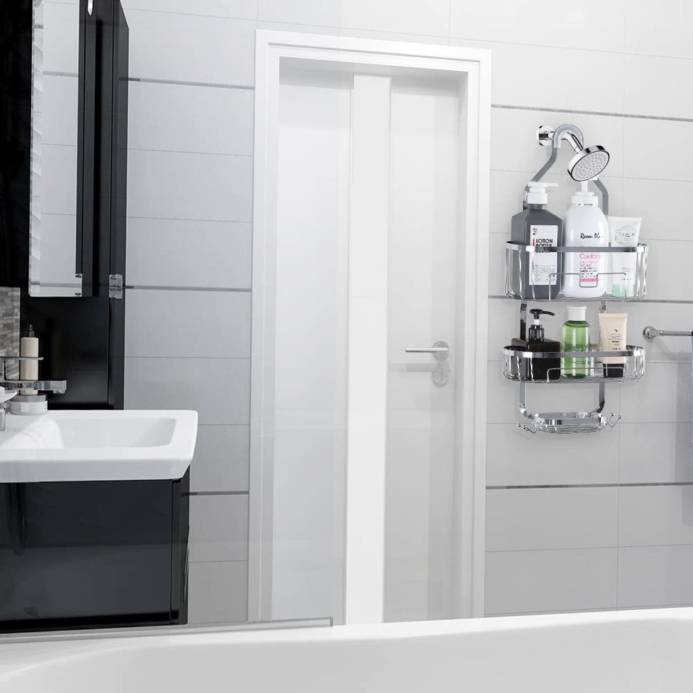 Rustproof Over the Shower Caddy Organizer with 2 Baskets & 4 Hooks - Perfect for Shampoo, Conditioner & Soap Storage - Bathroom Hanging Shower Shelf (Silver) - Ideal for Small Spaces, Dorm Rooms & Apartment Showers