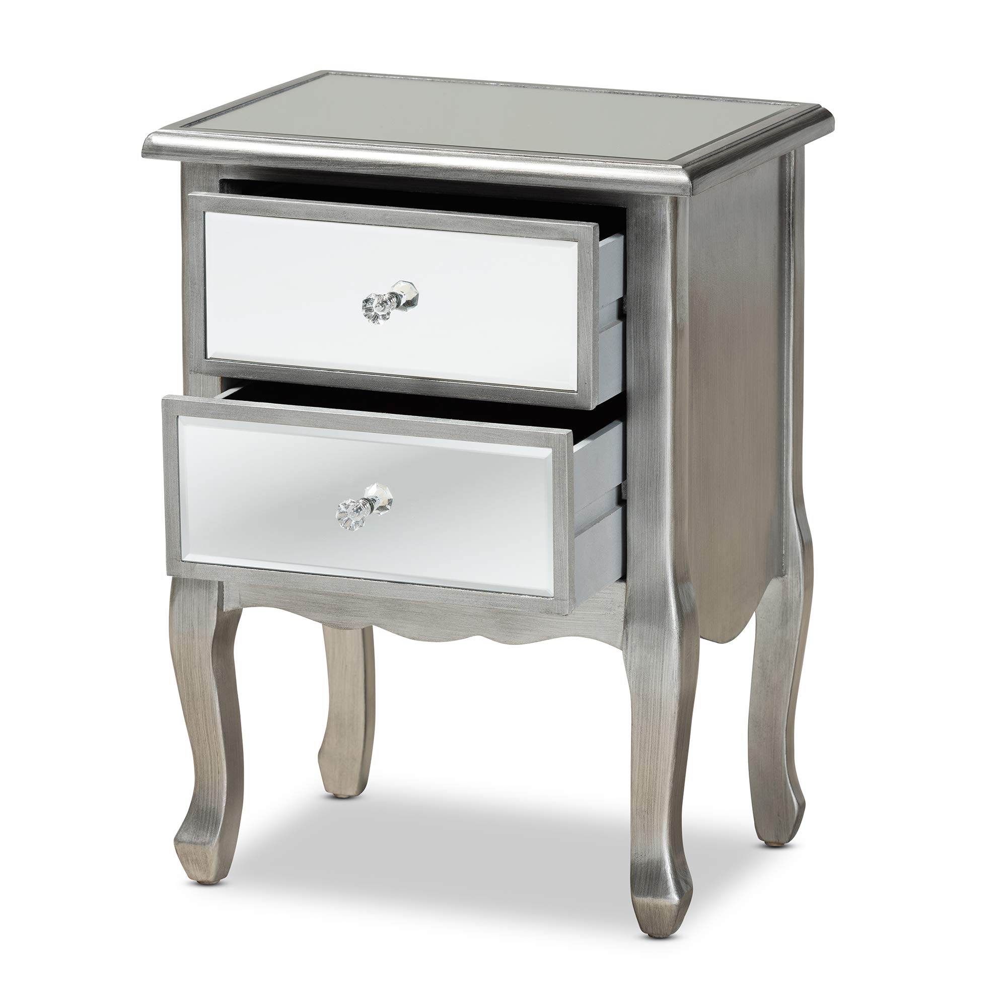 Baxton Studio Modern Nightstand with Silver Finish and Mirror - Stylish Bedside Table for Bedroom Decor & Storage