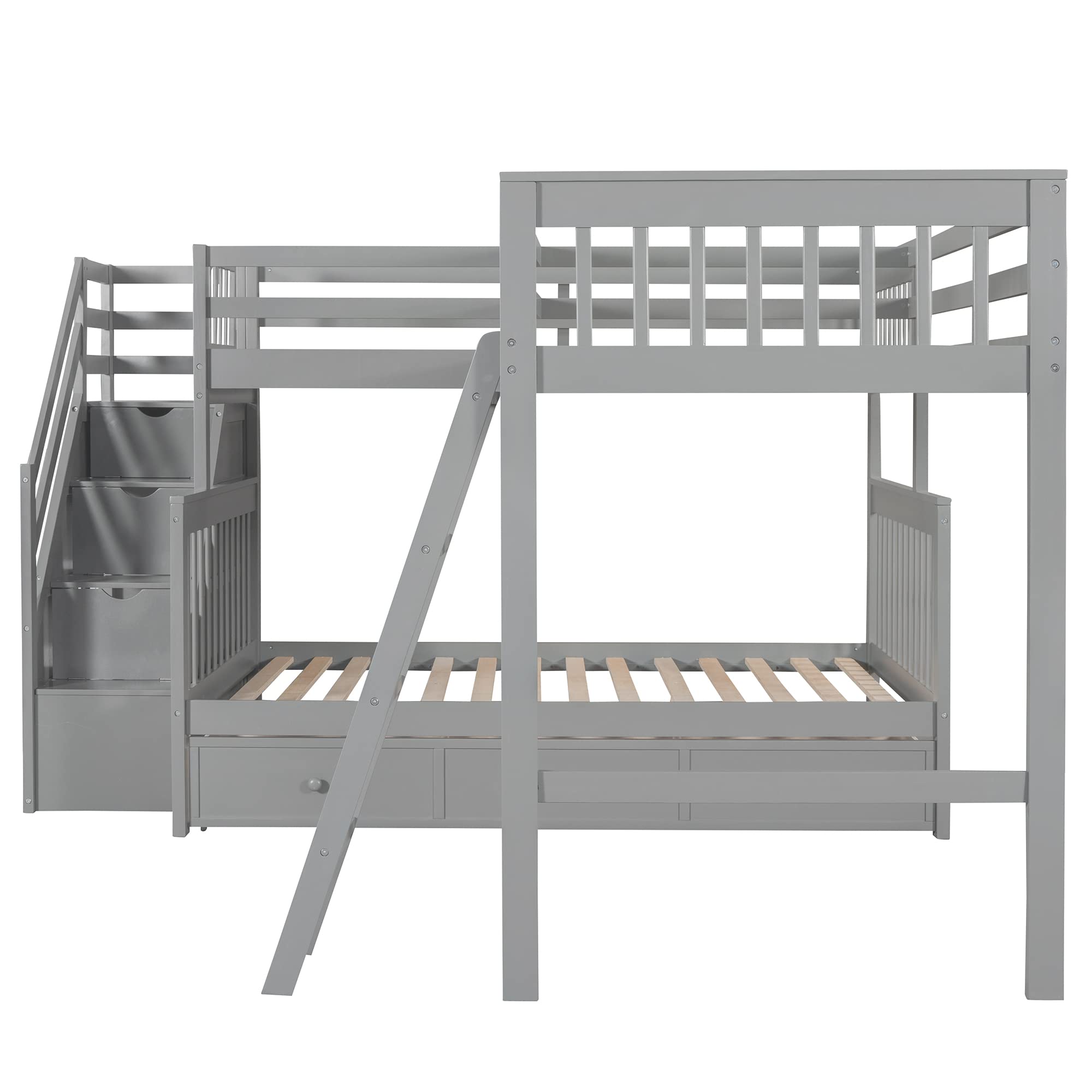 L Shaped Triple Bunk Bed with Stairs - Twin Over Full Bunk Bed with Loft & 3 Storage Drawers - Solid Wood Bunk Bed Frame for Kids, Teens, Boys & Girls (Gray) - Perfect for Small Rooms, Shared Kids' Bedrooms & Vacation Homes
