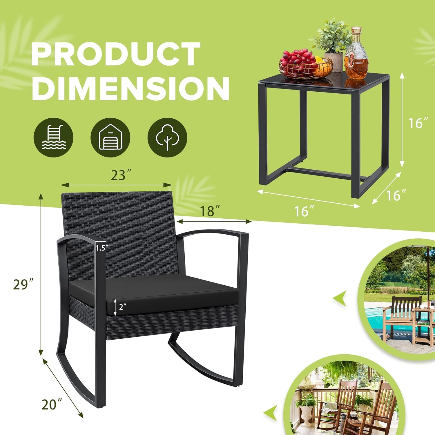 Homall 3-Piece Outdoor Patio Furniture Set - Resin Bistro Table & Rocking Chairs with Cushions - Perfect for Porch, Poolside, Balcony, Yard & Garden (Black) - Ideal for Relaxing, Entertaining & Outdoor Dining