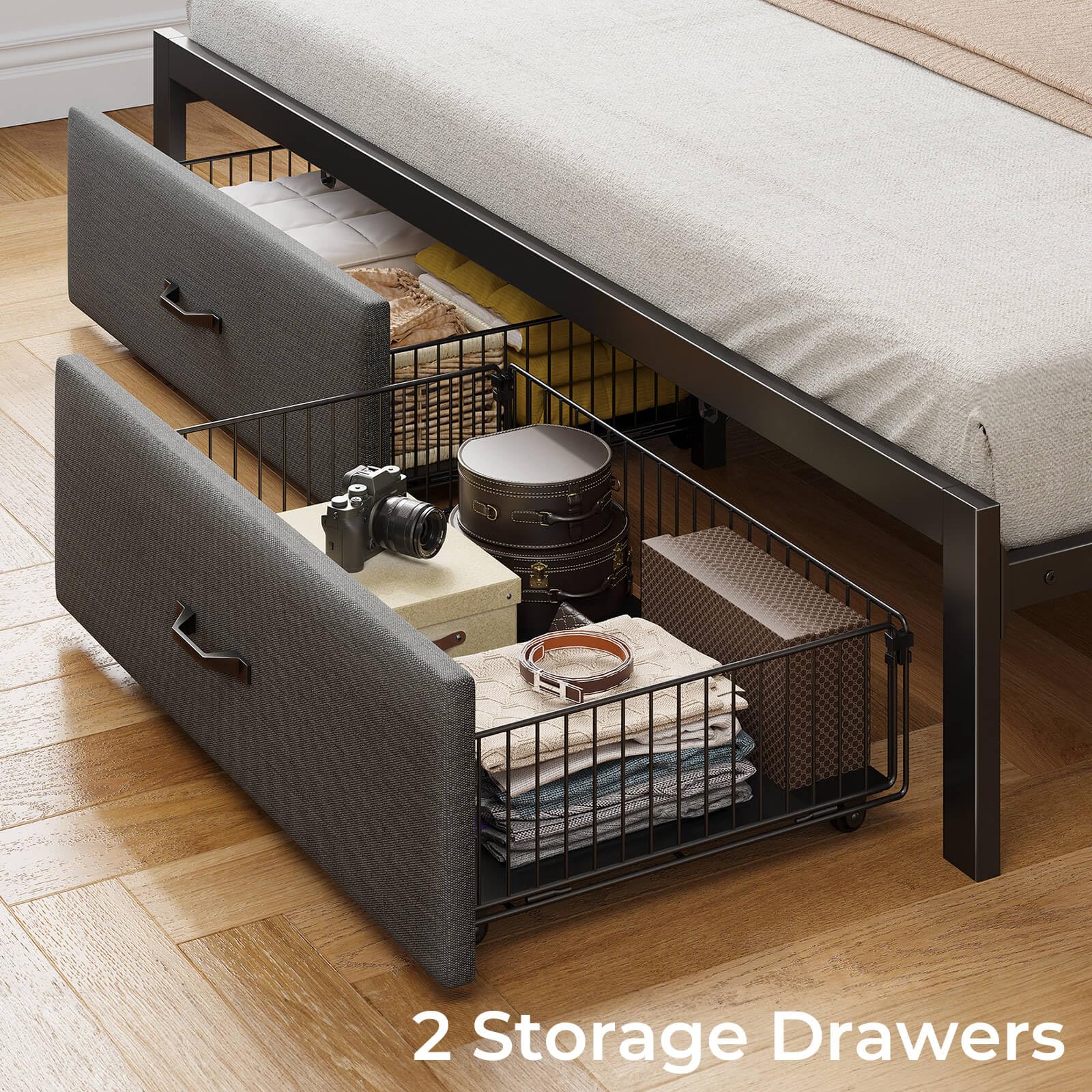 Rolanstar King Size Upholstered Platform Bed Frame with Storage Drawers, USB Charging Station & LED Headboard - Heavy Duty Metal Frame, No Box Spring Needed, Noise Free (Grey) - Perfect for Modern Bedrooms, Guest Rooms & Small Spaces