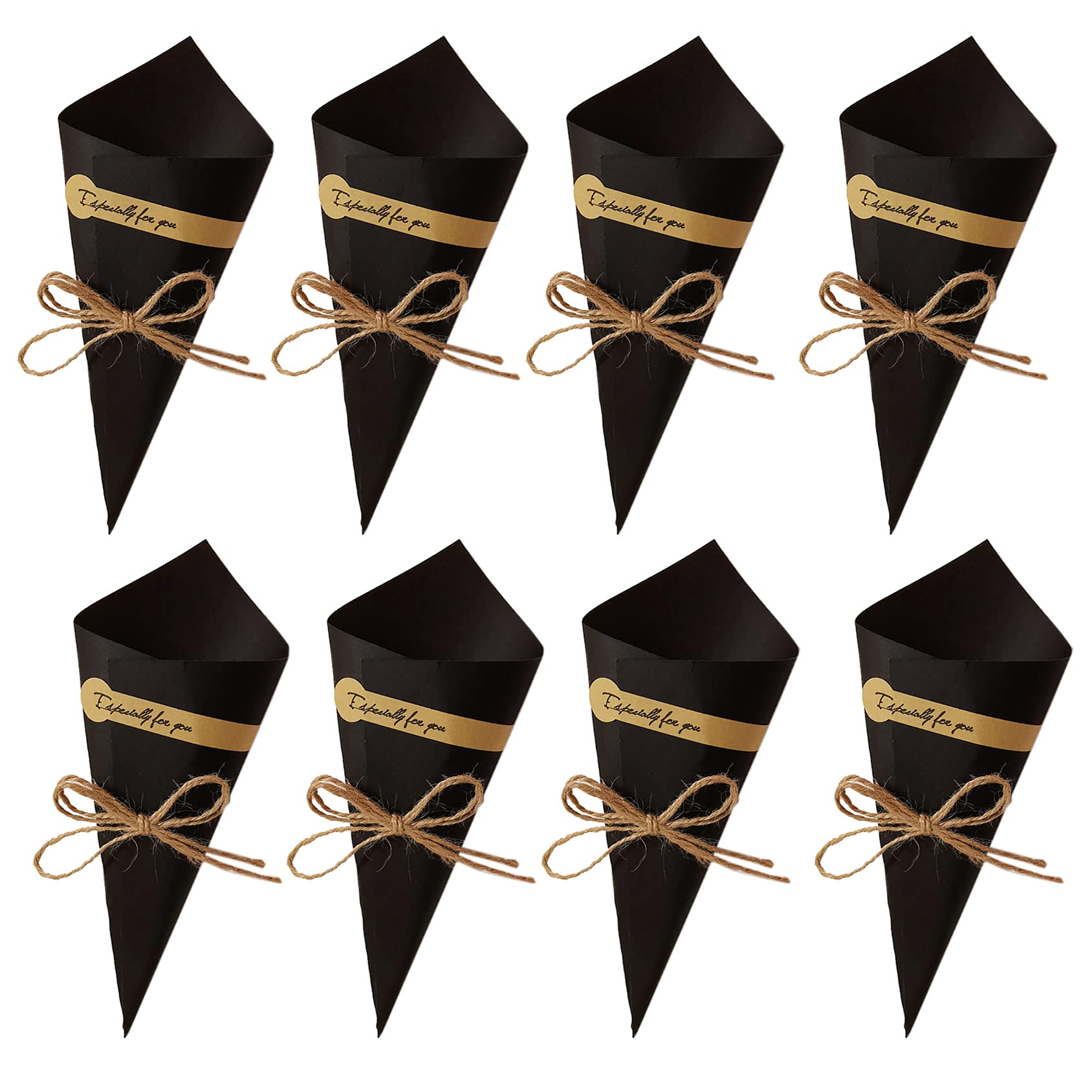 50Pcs Kraft Paper Cones for Wedding Bouquet Wrapping, Confetti & Candy Gifts - Eco-Friendly DIY Flower Holder with Hemp Rope - Perfect for Wedding Table Decor, Party Favors & Gift Packaging (Black) - Ideal for Bridal Showers, Baby Showers & Birthday Celebrations