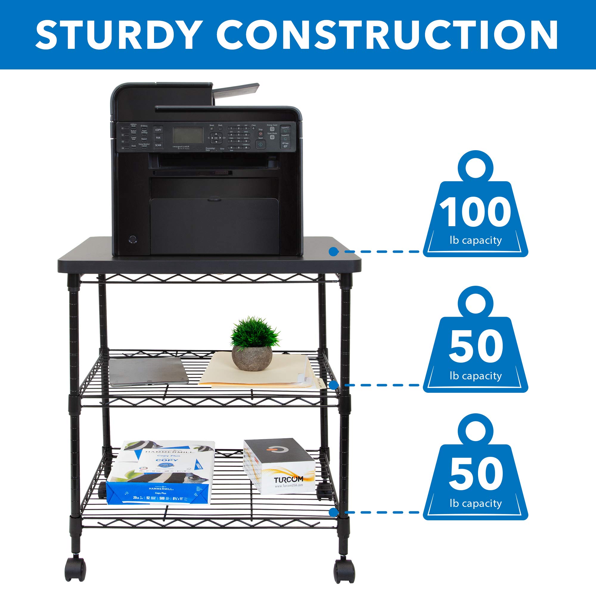 Mount-It! 3-Tier Rolling Printer Stand with Wheels - Heavy Duty Metal Printer Cart with Storage Shelves for 3D Printer, Laser Printer, Scanner & Heat Press - 200 Lbs Capacity Mobile Utility Table for Home Office, Workshop & Craft Room Use