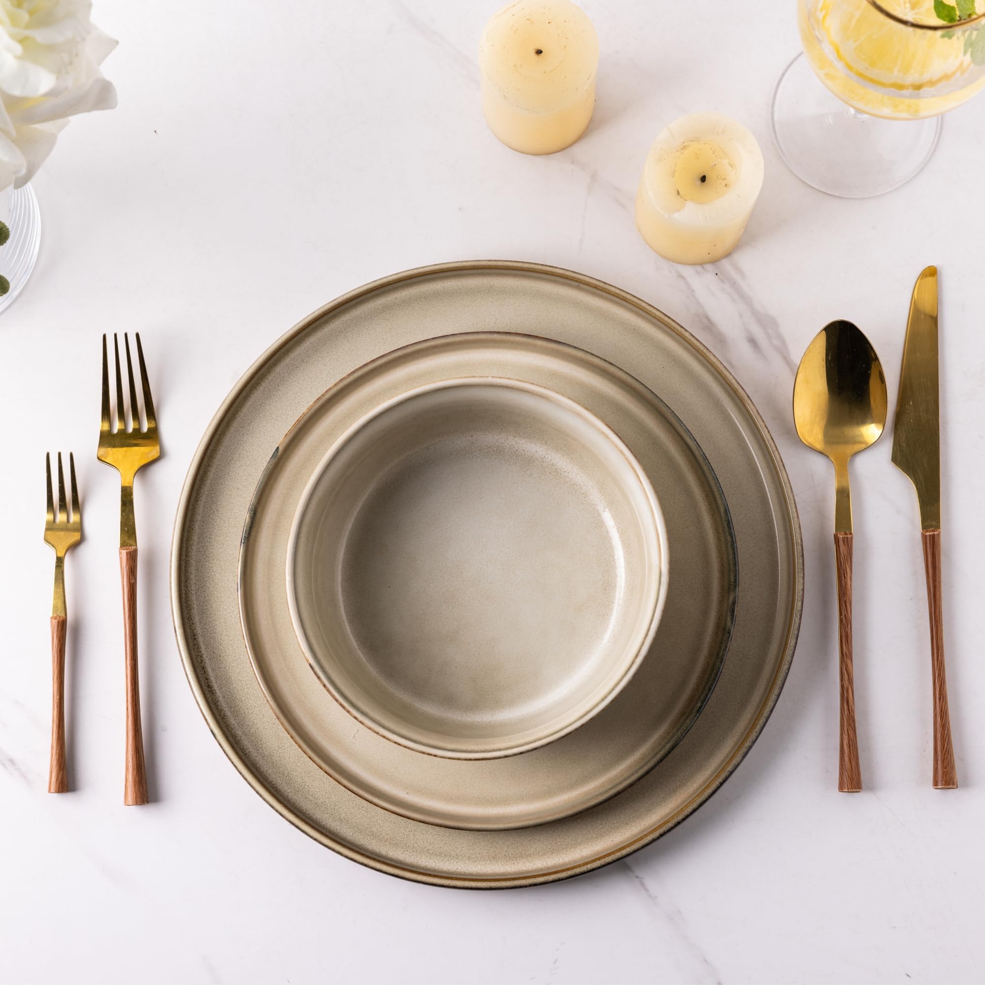 Premium 18-Piece Stoneware Dinnerware Set for 6 - Scratch Resistant Ceramic Plates & Bowls, Dishwasher & Microwave Safe, Reactive Glaze in Cappuccino - Perfect for Family Dinners, Restaurants & Entertaining Guests