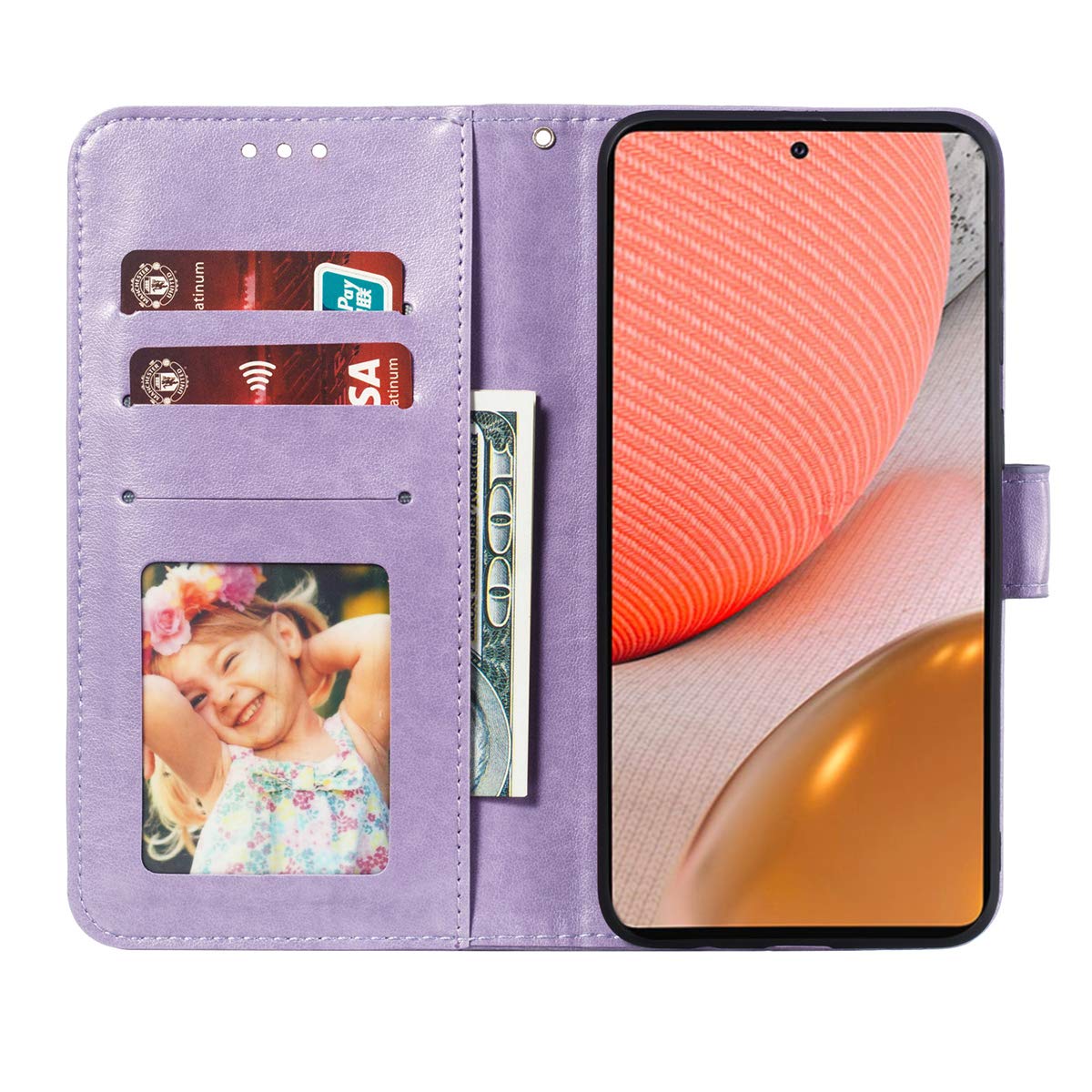 Premium PU Leather Flip Wallet Case for Samsung Galaxy A72 5G - Shockproof Embossed Mandala Design with Card Holder & Kickstand (Light Purple) | Perfect for Work, Travel & Everyday Protection