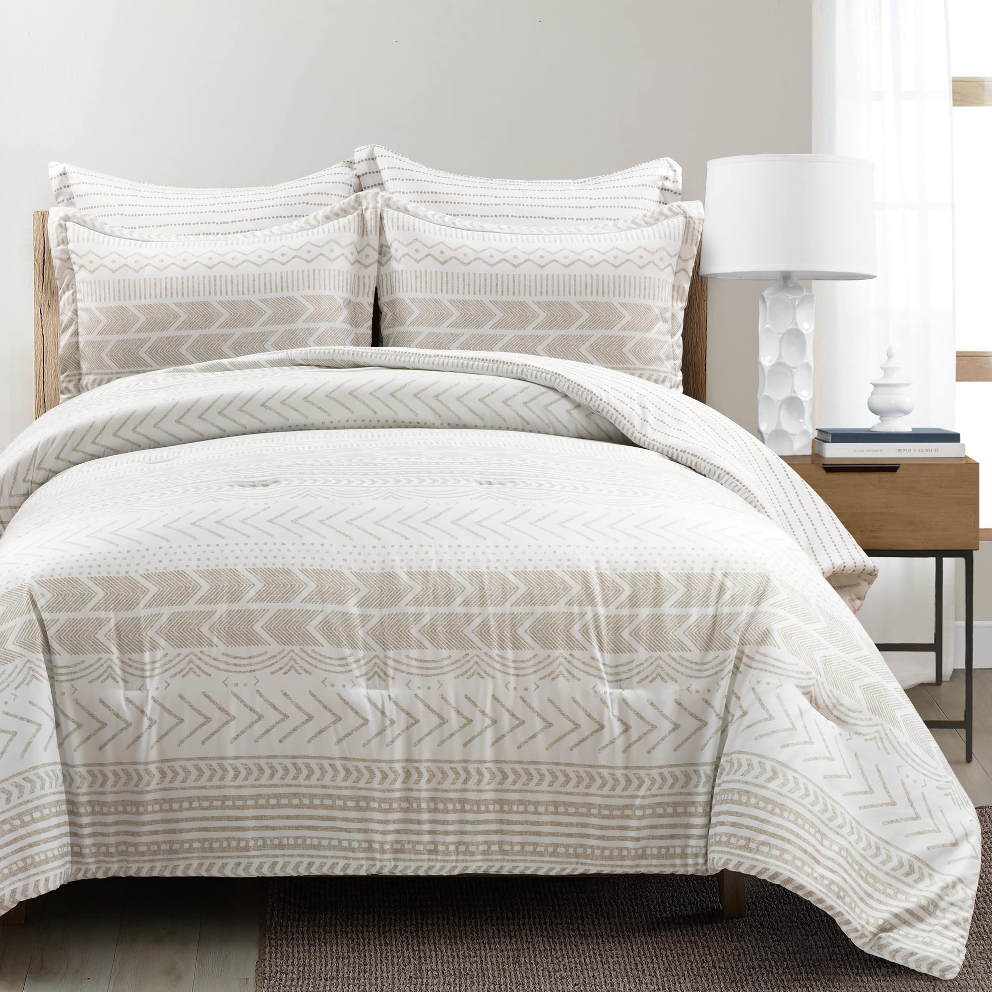 Lush Hygge Reversible Comforter Set - Full/Queen - Taupe & White for Cozy Bedroom