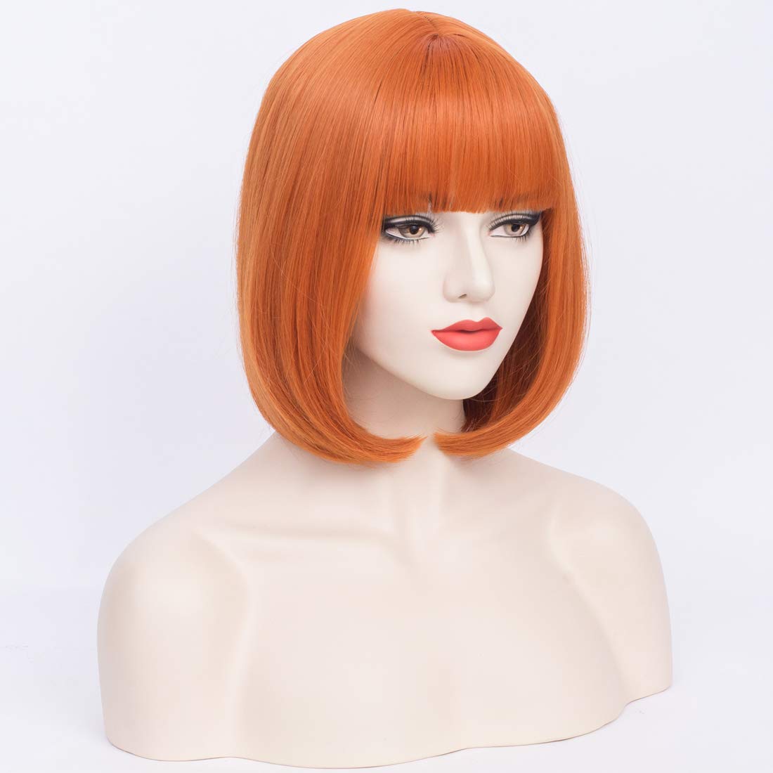 12 Inches Heat Resistant Synthetic Orange Bob Wig with Bangs for Women & Girls - Perfect for Halloween, Cosplay, and Costume Parties