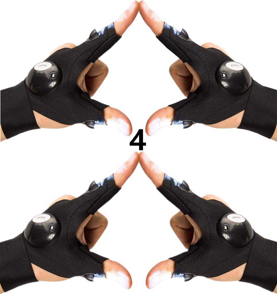 4-Pack LED Flashlight Gloves - Fingerless Light-Up Work Gloves for Outdoor Fishing, Camping, Hiking & Repair - Perfect Tool Gadgets for Men & Women - Great Gift Idea for DIY & Night Activities