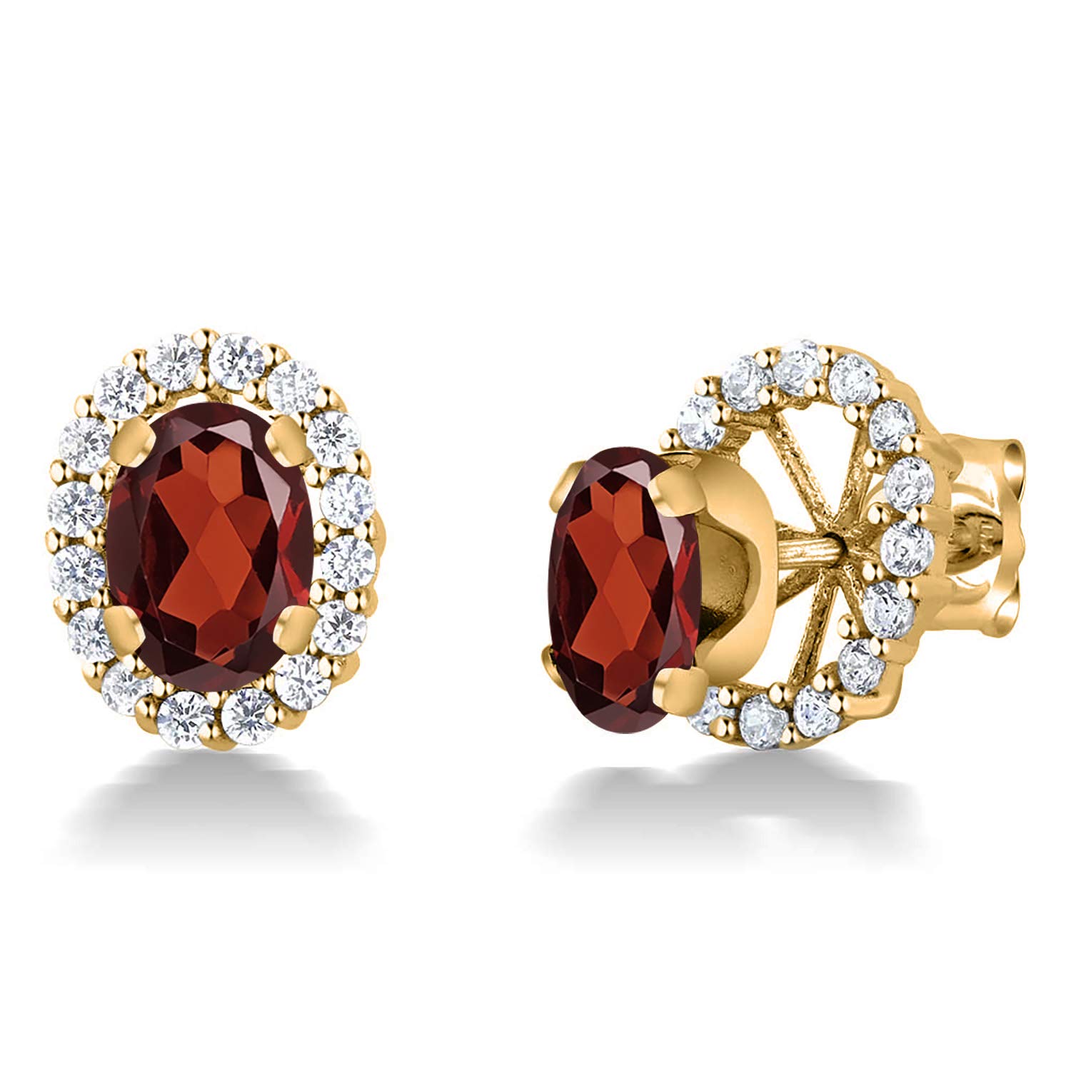 18K Yellow Gold Plated Silver Oval Red Garnet Stud Earrings for Women | Gem Stone King | Elegant Removable Jacket Earrings for Parties, Weddings & Everyday Wear