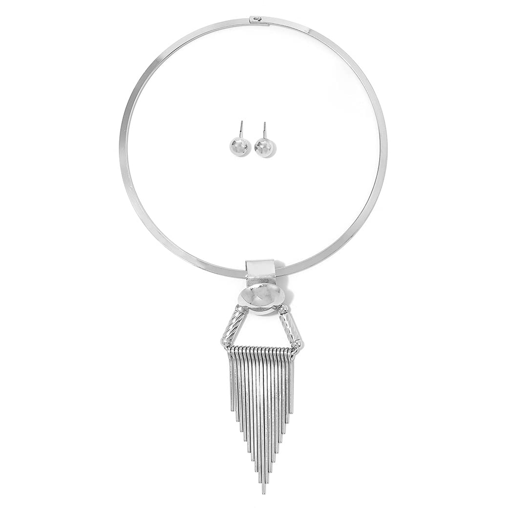 Yokawe African Choker Earrings Set - Silver Tribal Necklace & Stainless Steel Statement Jewelry for Women | Ethnic Cosplay Costume Accessories | Perfect for Festivals, Parties and Cultural Events