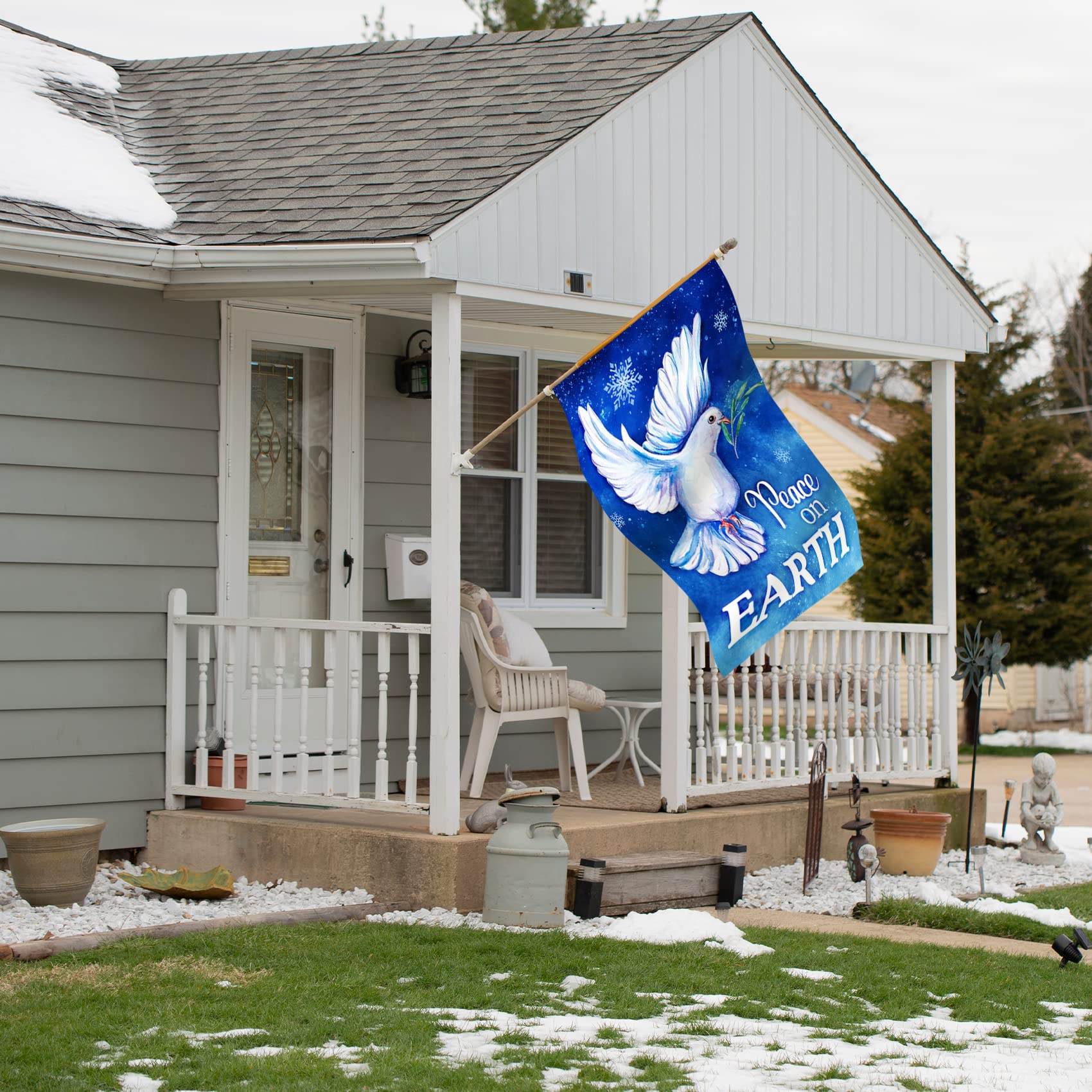 Texupday Peace on Earth Pigeon Snowflakes Winter House Flag - 28