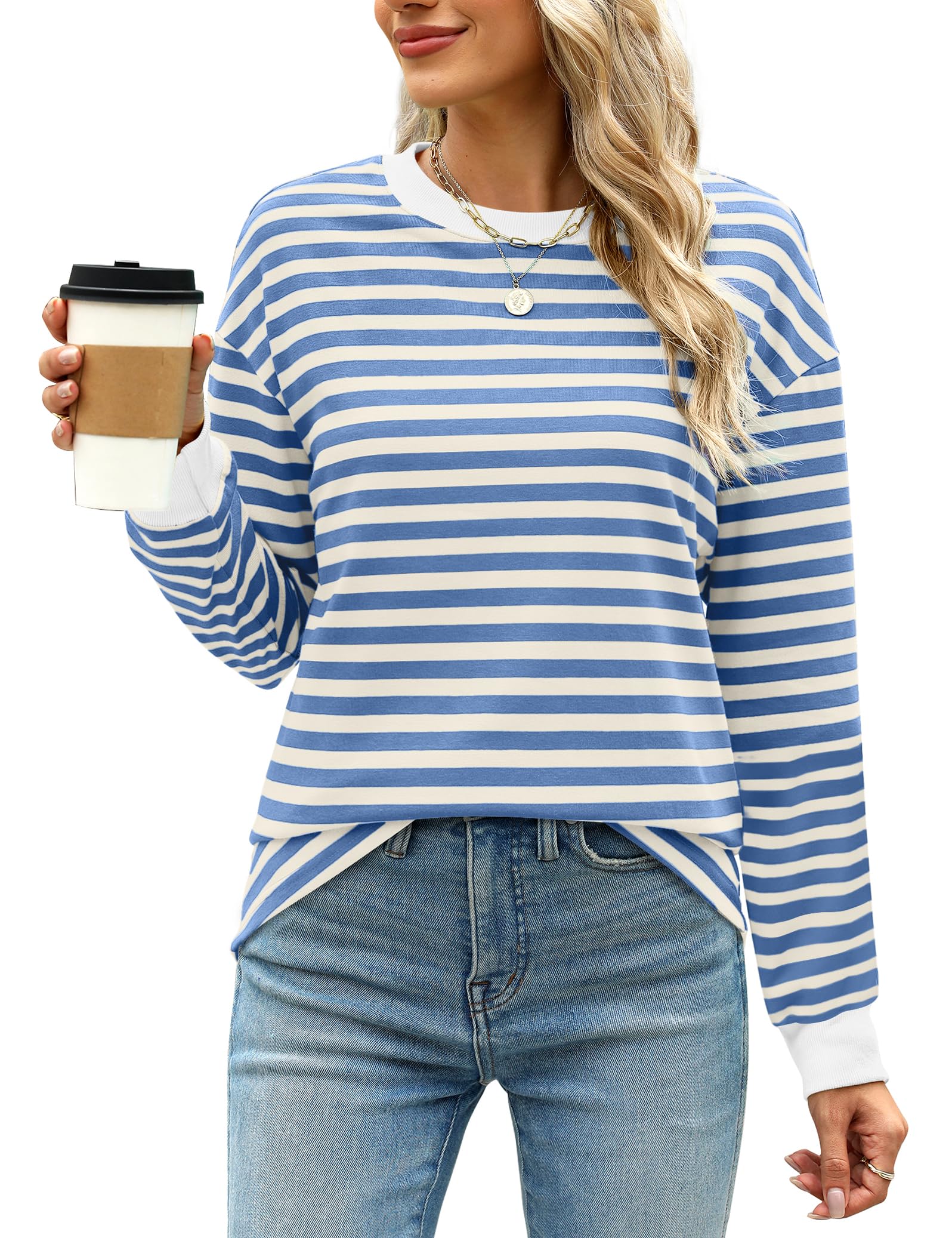 WIHOLL Women's Long Sleeve Striped Tunic Top - Crewneck Casual Blouse for Work, Office & Everyday Wear