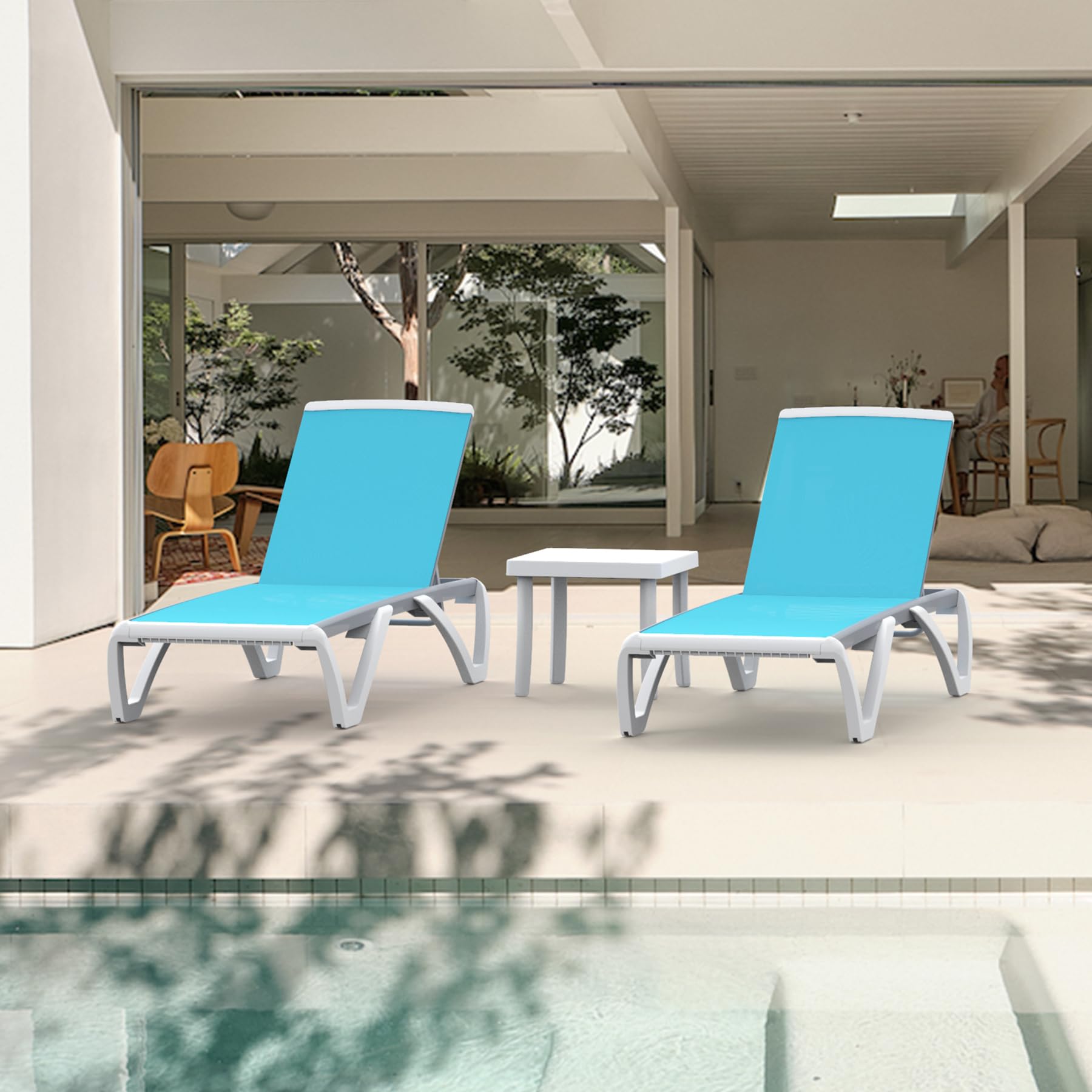 Domi Outdoor Chaise Lounge - Lightweight Aluminum Adjustable Patio Chair with Side Table, Waterproof Plastic Pool Lounge for Backyard, Beach & Poolside Relaxation (Set of 2 Aqua Blue Lounges)