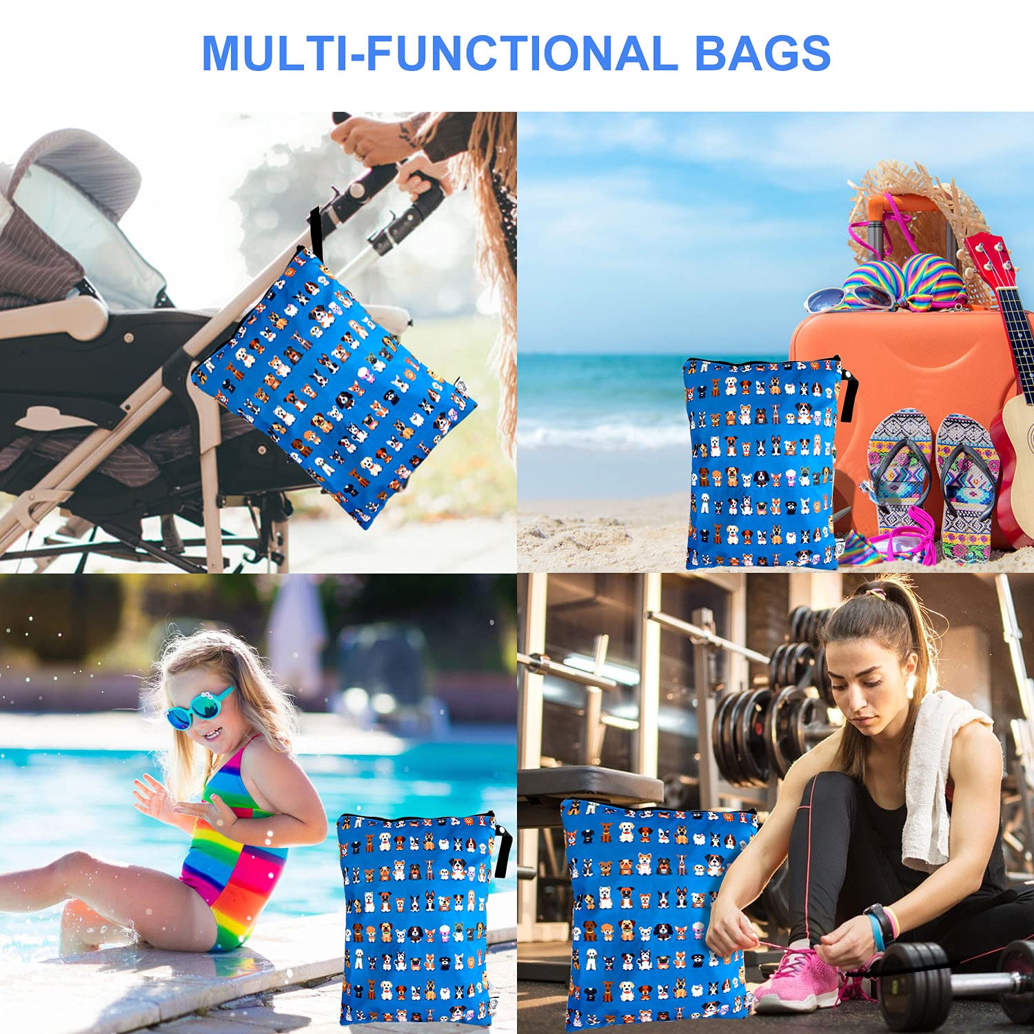 FLOCK THREE Washable Reusable Wet Bag - Waterproof Diaper Bag, Swim Bag, Travel Toiletries Pouch with Zipper (12.6