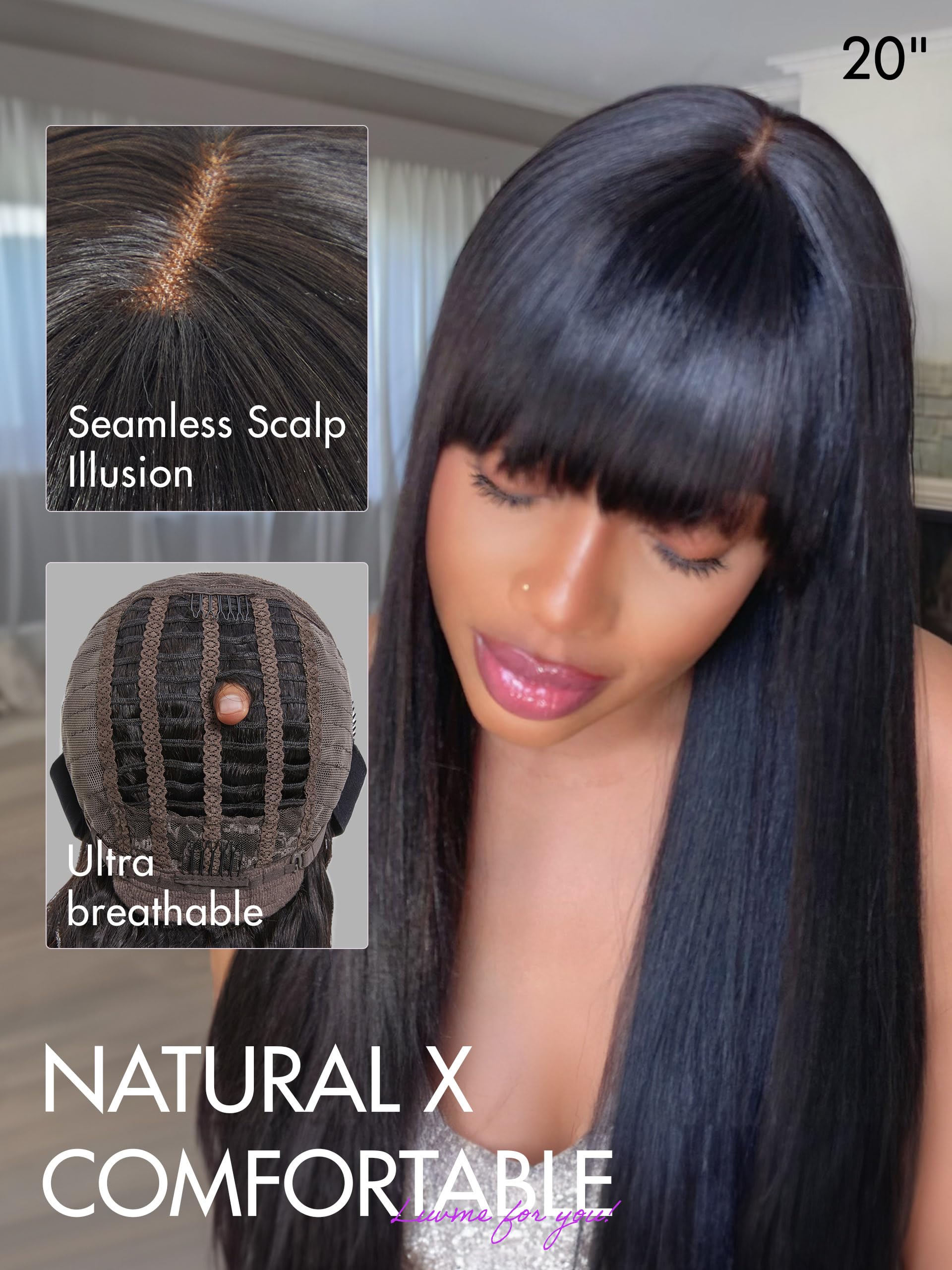 LUVME HAIR 16 Inch Yaki Straight Human Hair Wig with Bangs | Glueless Ready-to-Wear Wig | Ultra Natural Minimalist Lace Front Wig (Breathable Cap) for Everyday Wear, Cosplay & Special Occasions