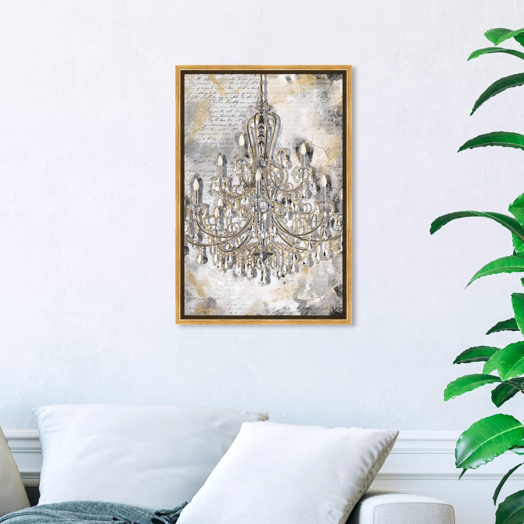 Oliver Gal Artist Co. Fashion & Glam Wall Art - Framed Canvas Print 'Calligraphy Chandeliers' Home Decor (16x24 Inches, Gold & Gray) - Perfect for Living Room, Bedroom & Office Wall Decor