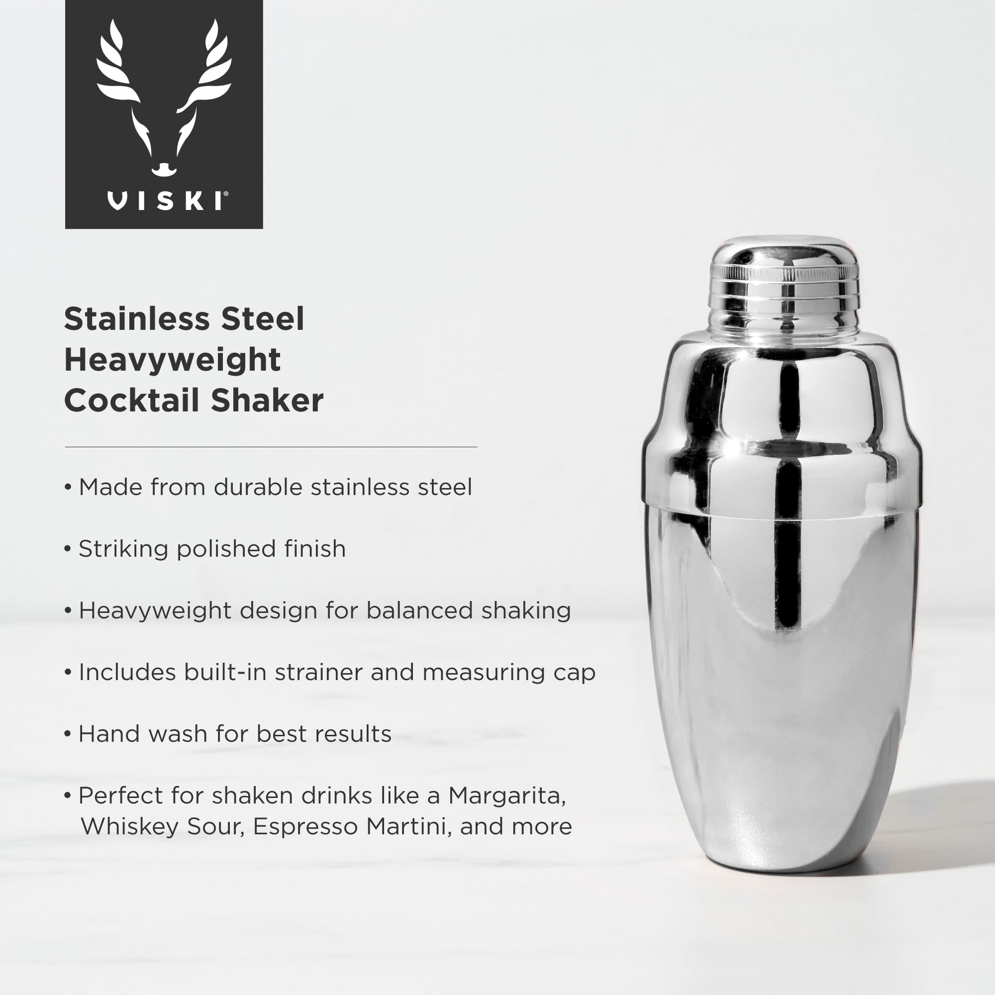 Viski Silver Heavyweight Cocktail Shaker Set - 16.5 oz Stainless Steel Drink Mixer with Bar Strainer - Professional Martini & Margarita Mixing Kit - Polished Silver Finish - Perfect for Home Bars, Cocktail Parties & Bartending