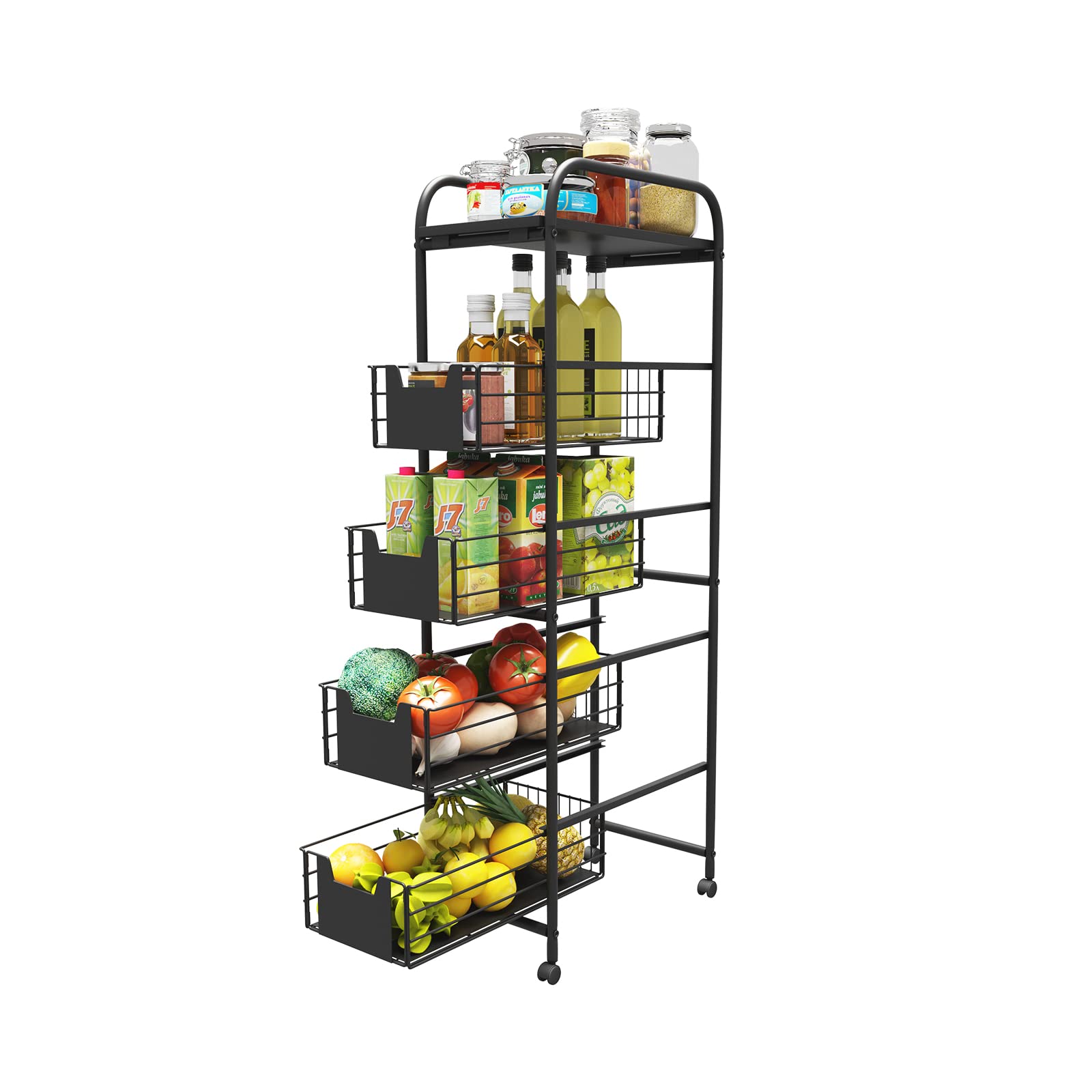 WHIFEA 5-Tier Slim Rolling Cart with Pull-Out Drawers - Space-Saving Corner Storage Shelf Organizer with Wheels - Metal Storage Shelving Unit for Kitchen, Bedroom, Bathroom & Home Office - Perfect for Small Spaces, Pantry Organization & Closet Storage
