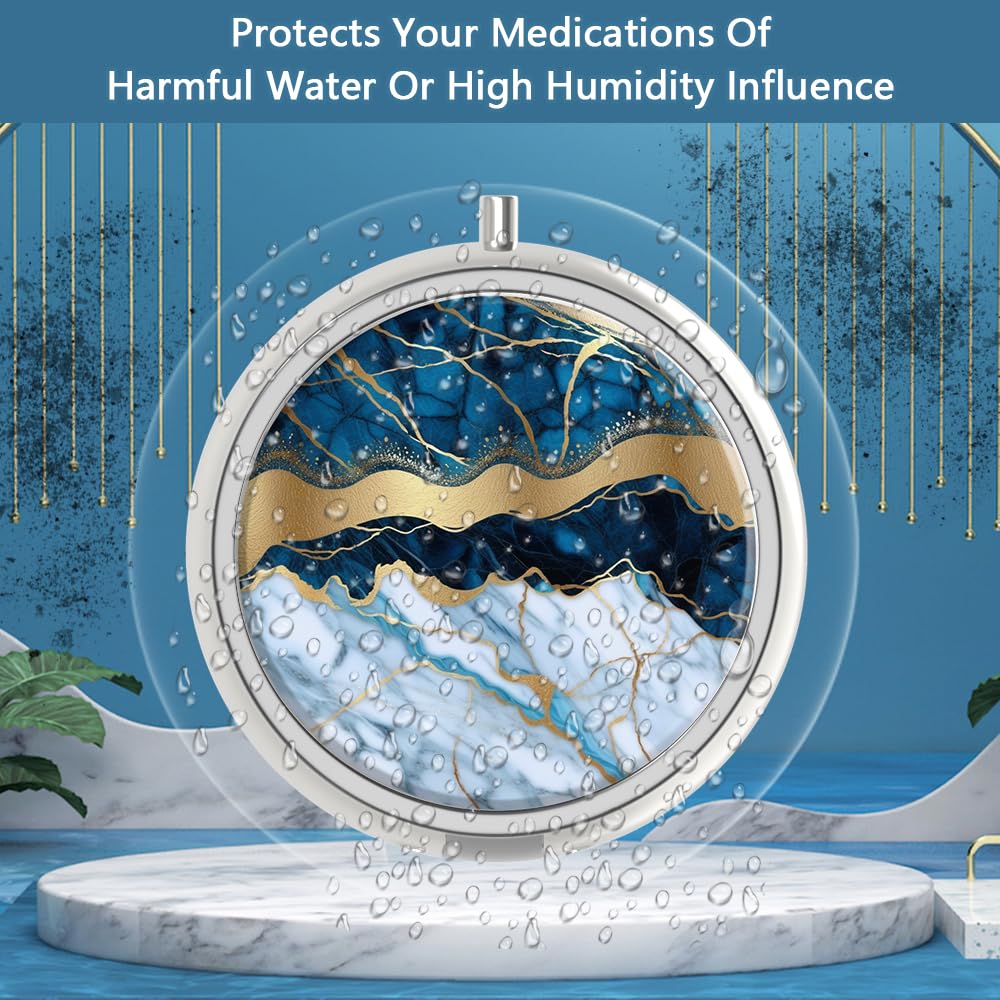 3 Compartment Metal Pill Organizer - Portable Medicine Case for Pocket or Purse - Decorative Vitamin Storage Box - Unique Gift Idea (Blue Cracked Marbling) - Perfect for Travel, Daily Medication & Home Use