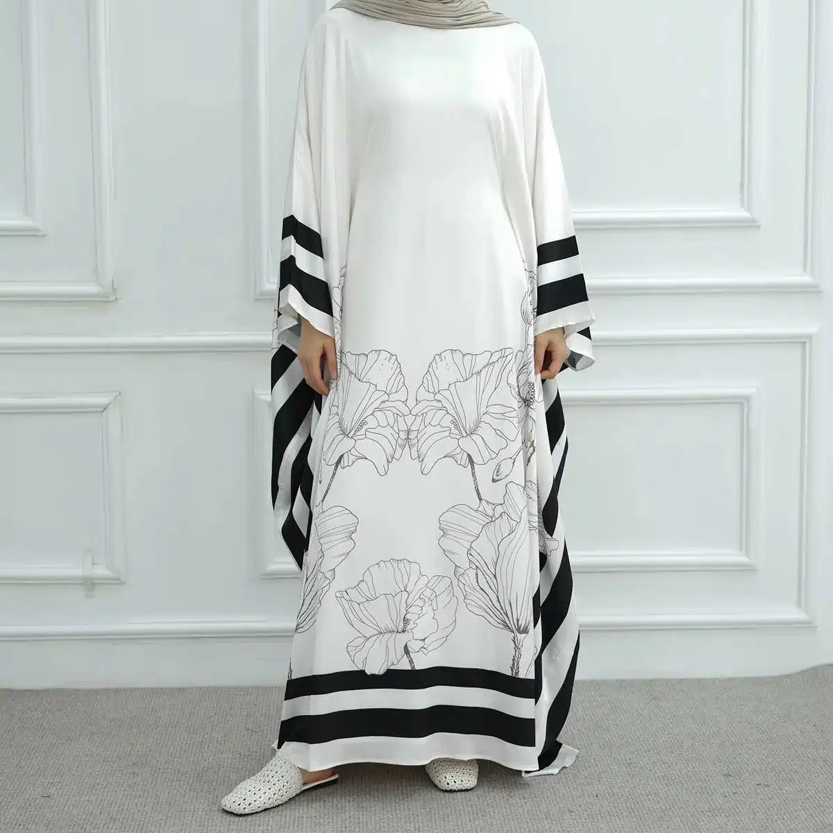 Elegant Satin Abaya Dress with Butterfly Sleeves - Floral Printed Islamic Prayer Dress in Maroon, Green, Pink & White - Perfect for Eid, Ramadan & Special Occasions