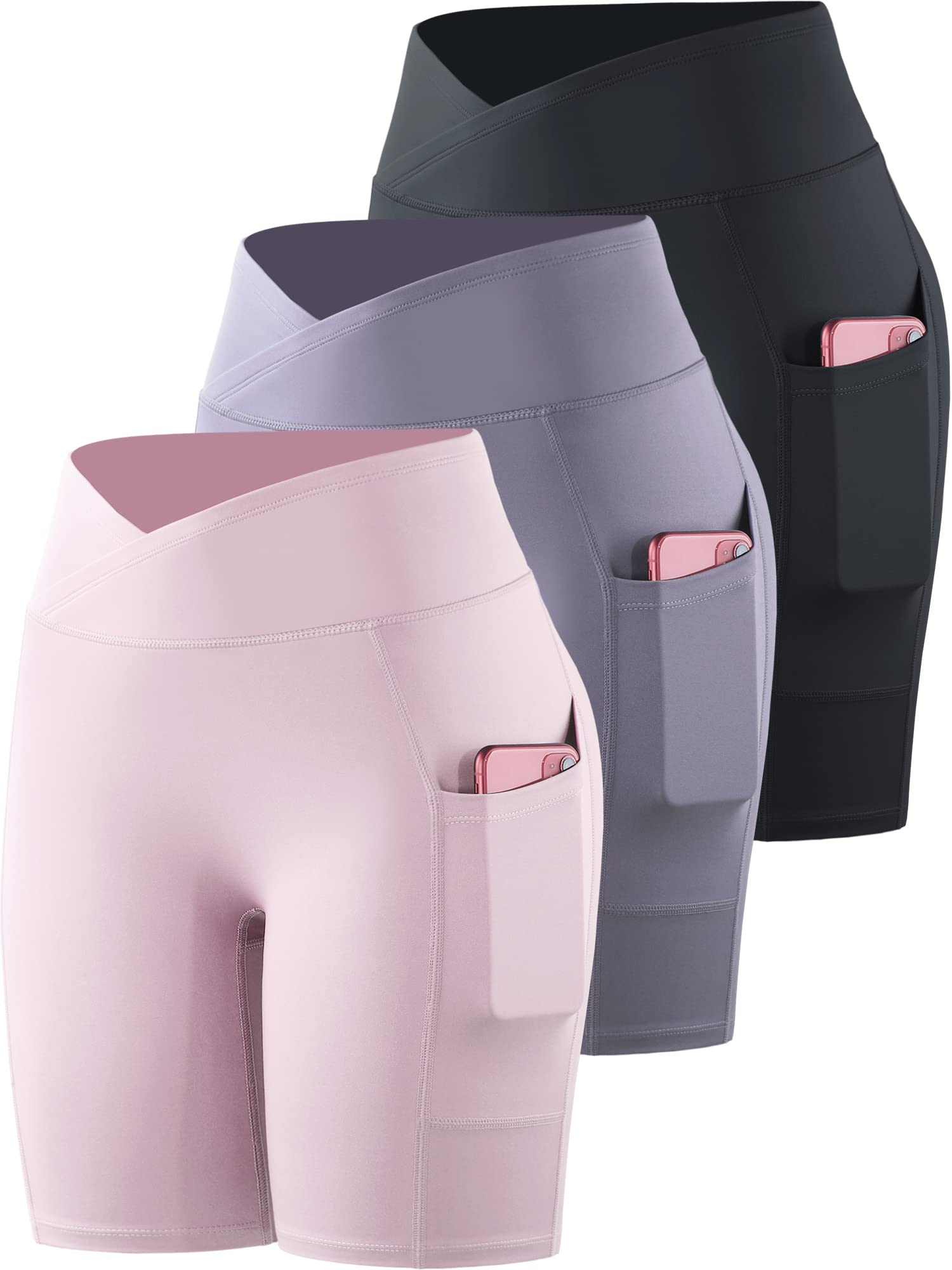 CADMUS 3 Pack Women's High Waist Yoga Shorts - Stretchy Spandex Workout Biker Shorts with Deep Side Pockets for Running, Gym & Lounge Wear